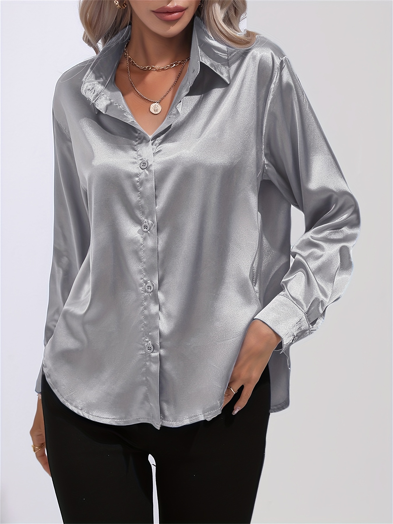 solid smoothly shirt, solid smoothly shirt elegant button front turn down collar long sleeve shirt womens clothing details 70