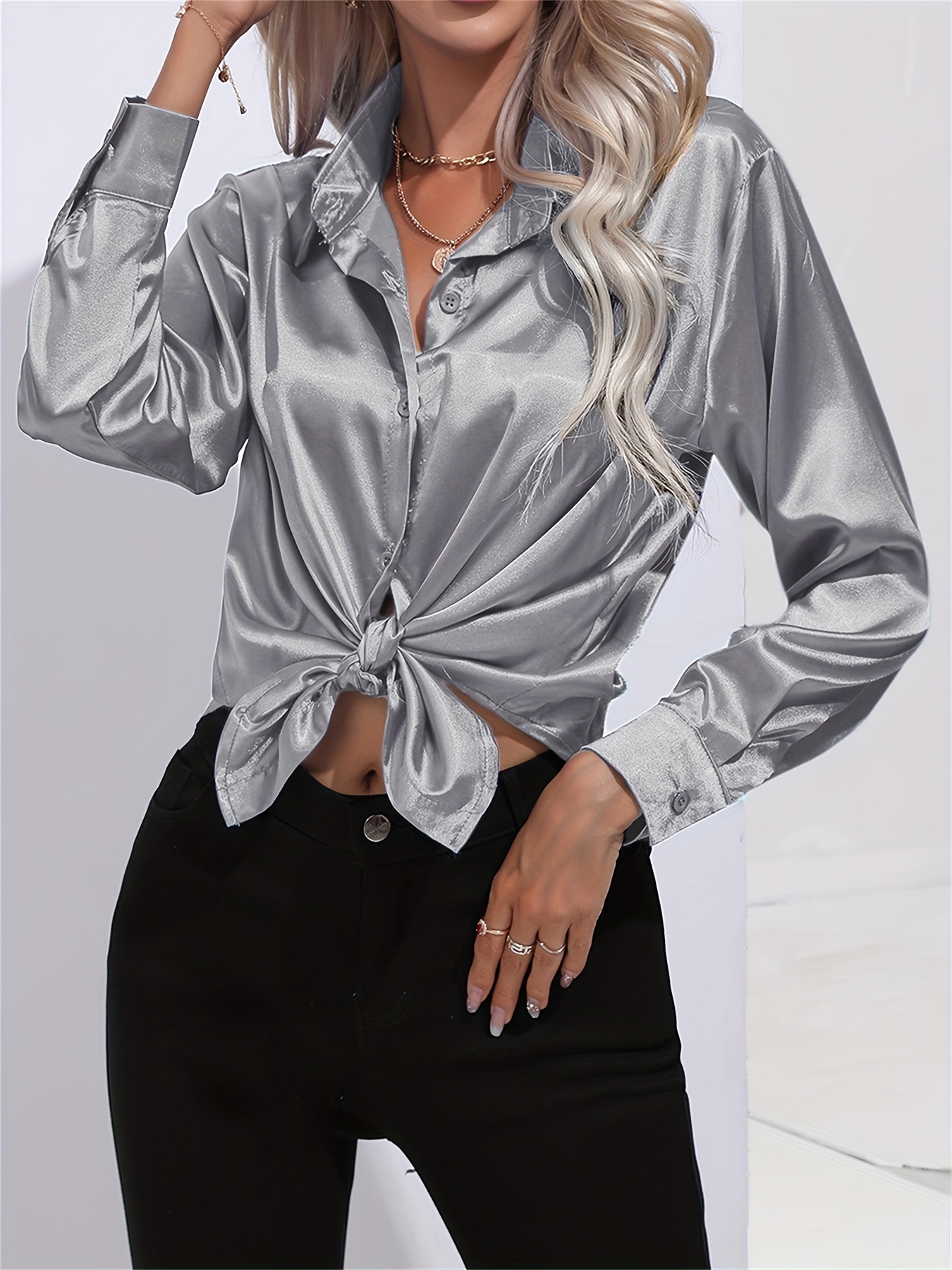 solid smoothly shirt, solid smoothly shirt elegant button front turn down collar long sleeve shirt womens clothing details 71