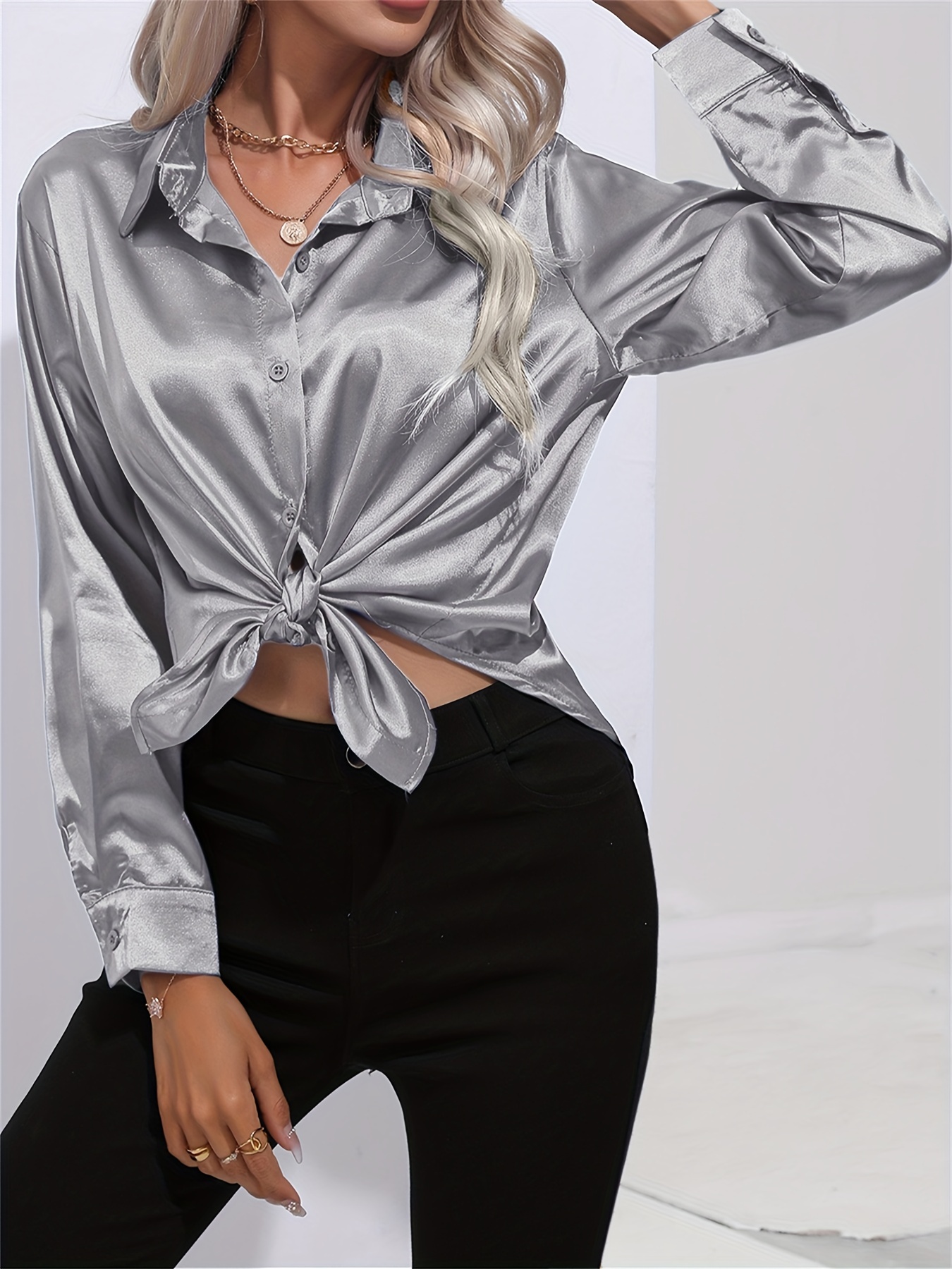 solid smoothly shirt, solid smoothly shirt elegant button front turn down collar long sleeve shirt womens clothing details 72