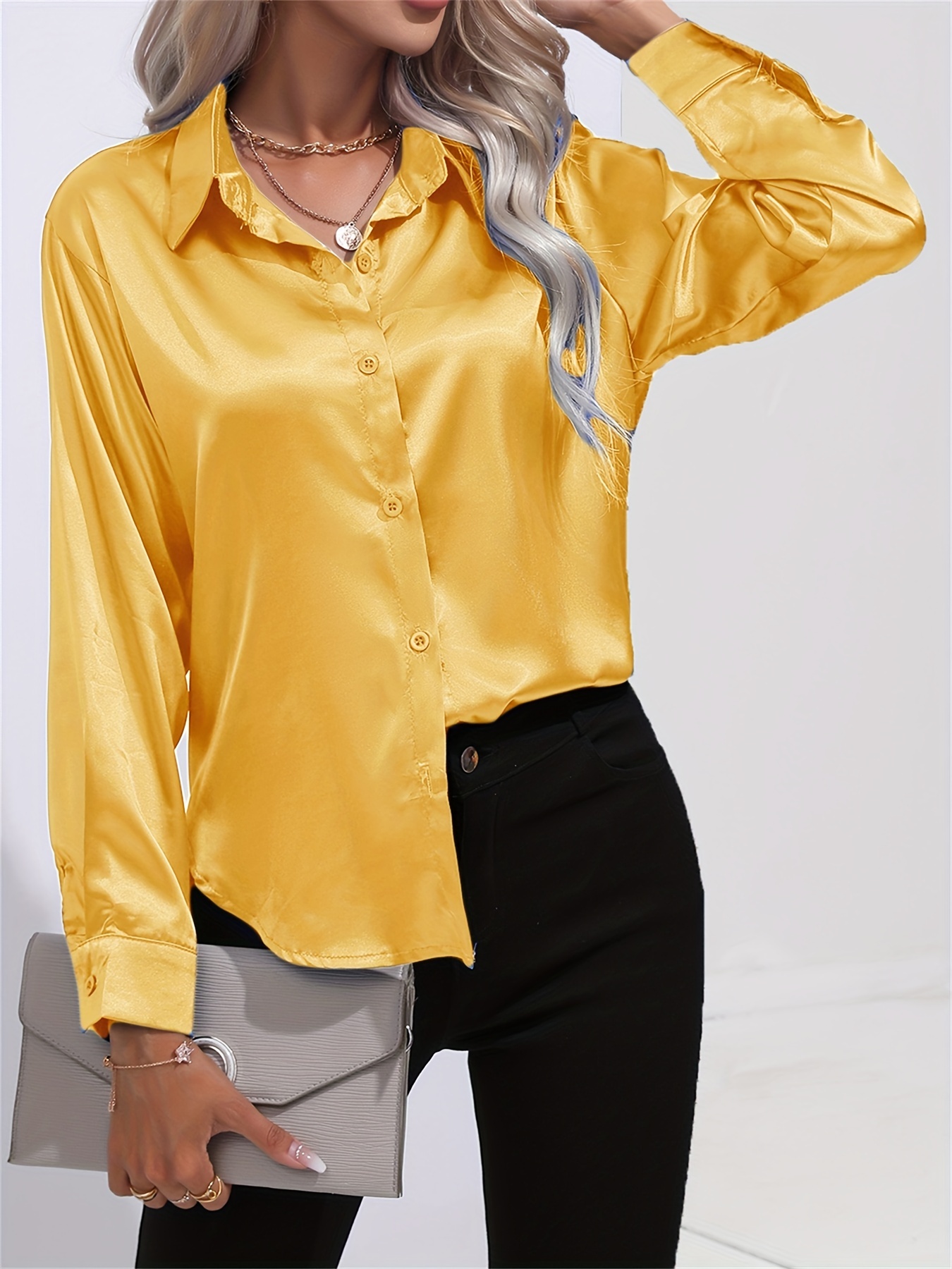 solid smoothly shirt, solid smoothly shirt elegant button front turn down collar long sleeve shirt womens clothing details 73