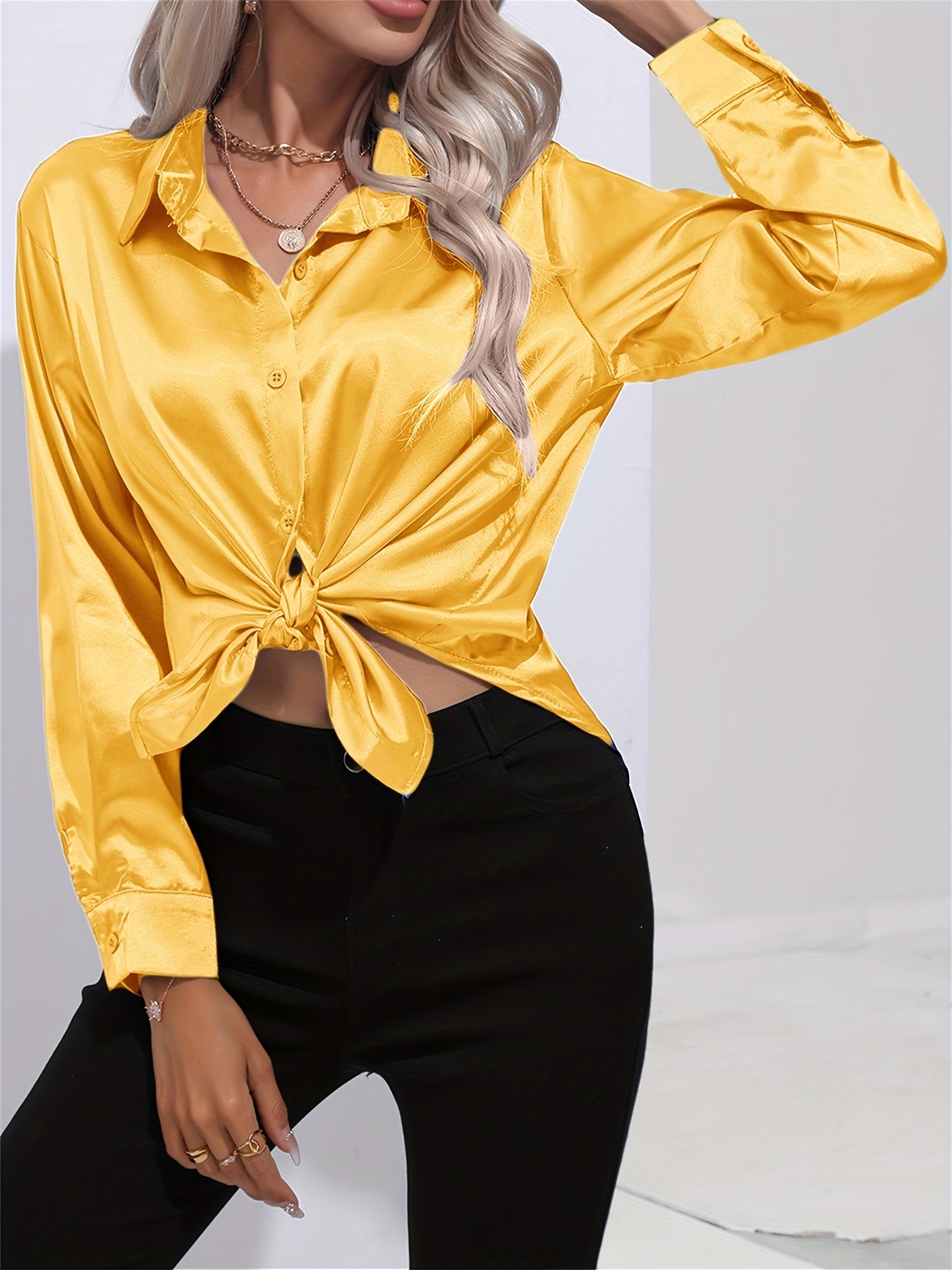 solid smoothly shirt, solid smoothly shirt elegant button front turn down collar long sleeve shirt womens clothing details 77