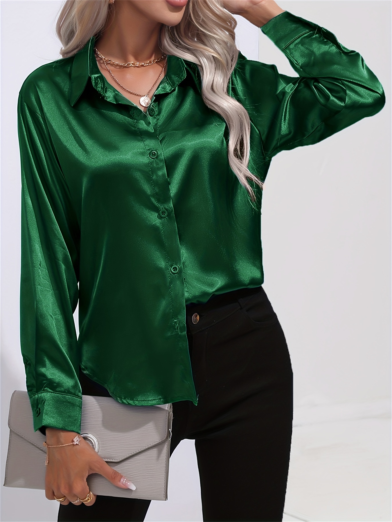 solid smoothly shirt, solid smoothly shirt elegant button front turn down collar long sleeve shirt womens clothing details 78