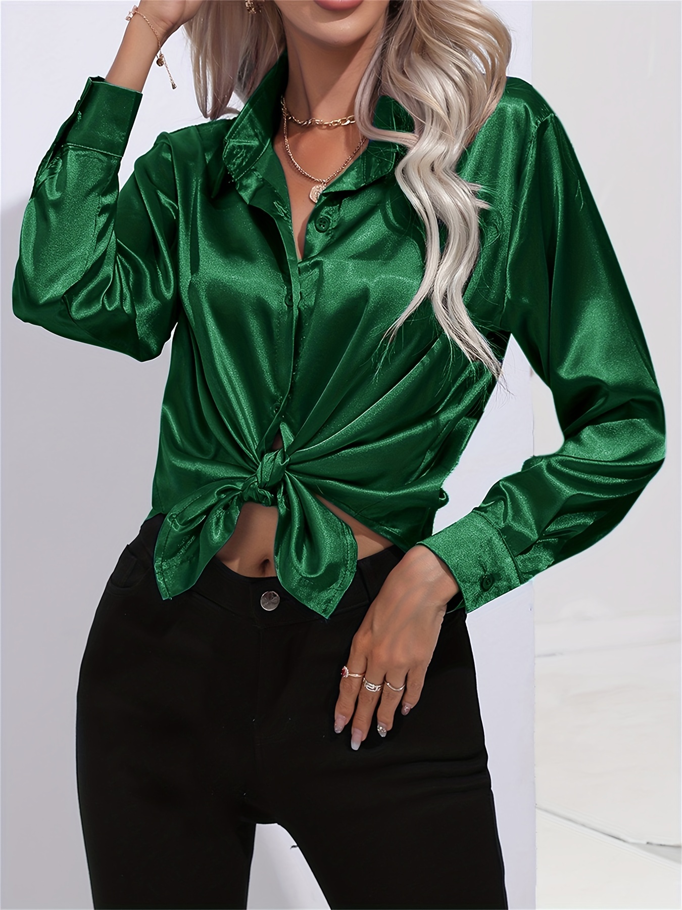 solid smoothly shirt, solid smoothly shirt elegant button front turn down collar long sleeve shirt womens clothing details 81