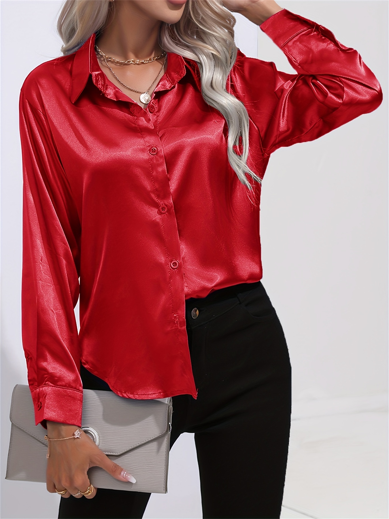 solid smoothly shirt, solid smoothly shirt elegant button front turn down collar long sleeve shirt womens clothing details 83