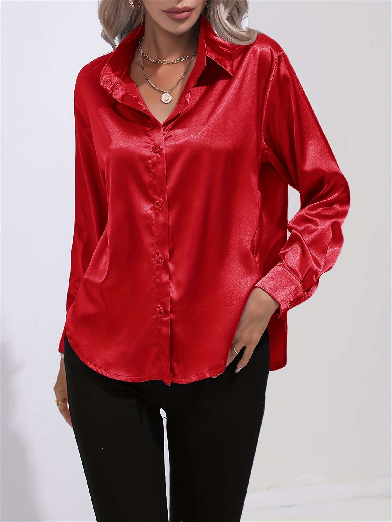 solid smoothly shirt, solid smoothly shirt elegant button front turn down collar long sleeve shirt womens clothing details 85