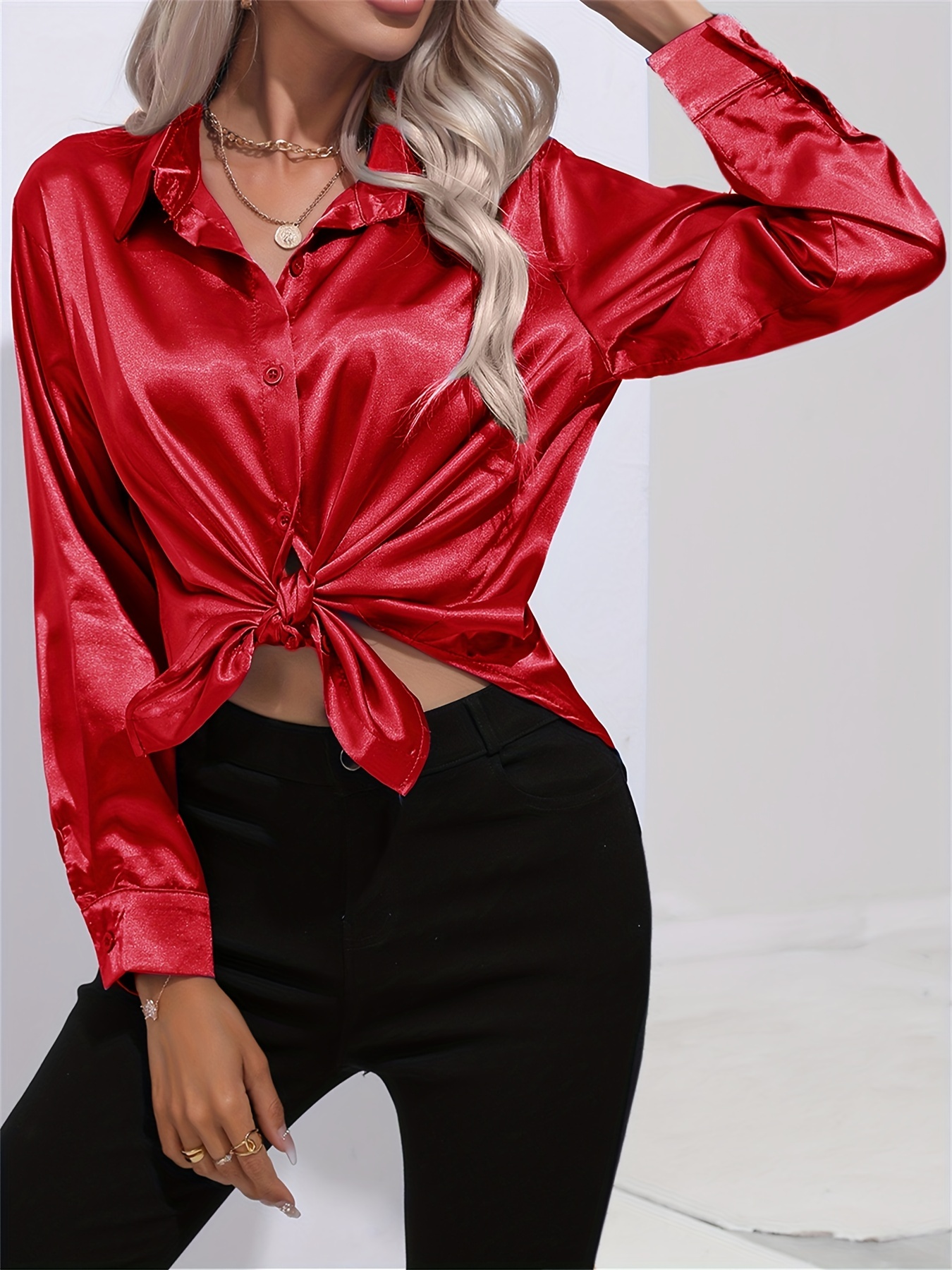 solid smoothly shirt, solid smoothly shirt elegant button front turn down collar long sleeve shirt womens clothing details 87