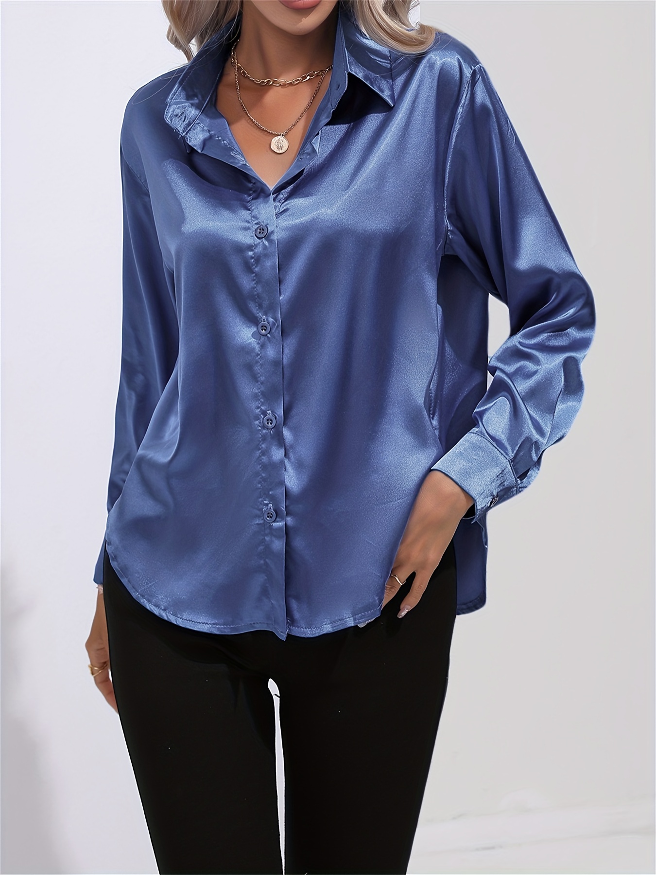 solid smoothly shirt, solid smoothly shirt elegant button front turn down collar long sleeve shirt womens clothing details 90