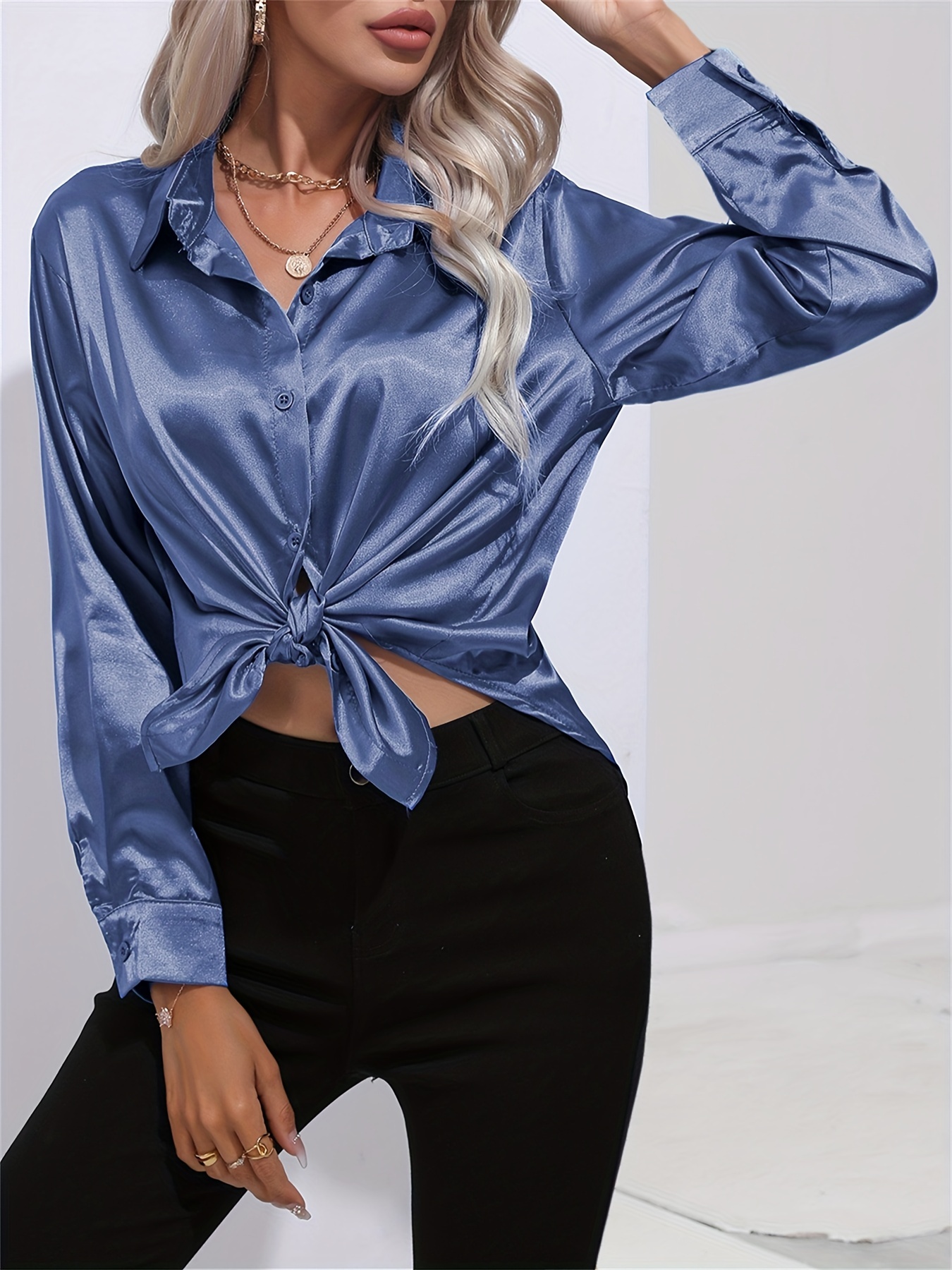 solid smoothly shirt, solid smoothly shirt elegant button front turn down collar long sleeve shirt womens clothing details 92