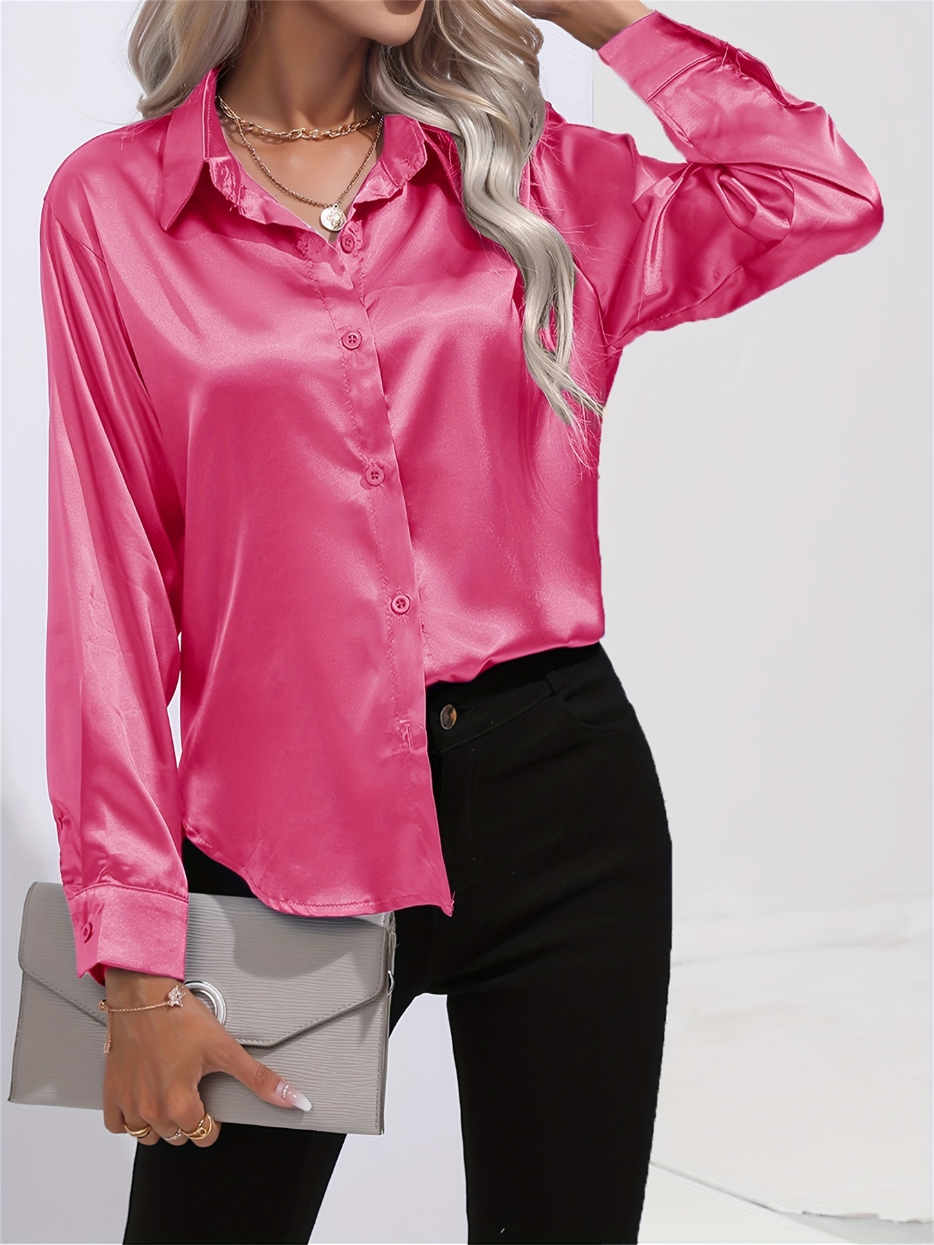 solid smoothly shirt, solid smoothly shirt elegant button front turn down collar long sleeve shirt womens clothing details 93