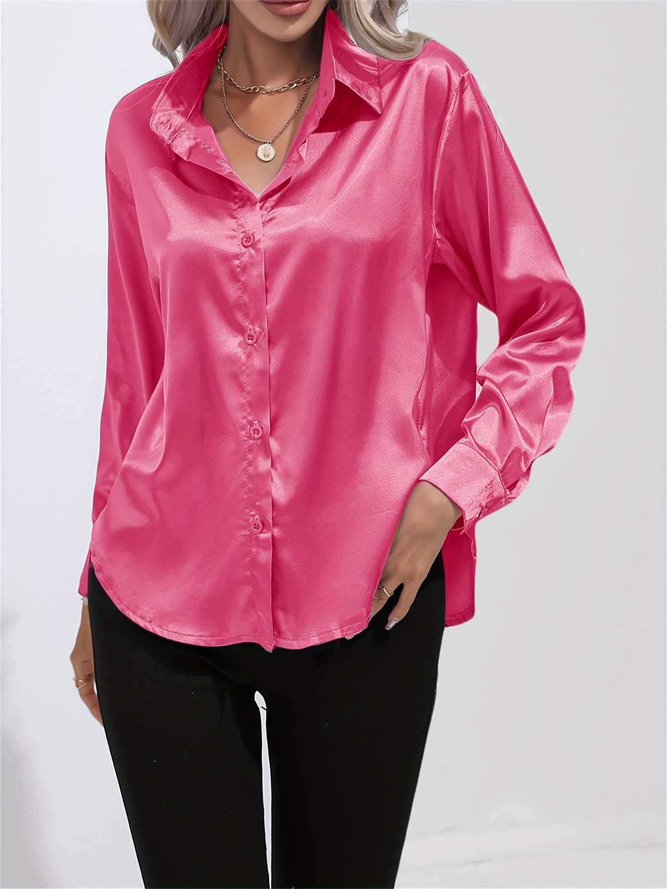 solid smoothly shirt, solid smoothly shirt elegant button front turn down collar long sleeve shirt womens clothing details 95
