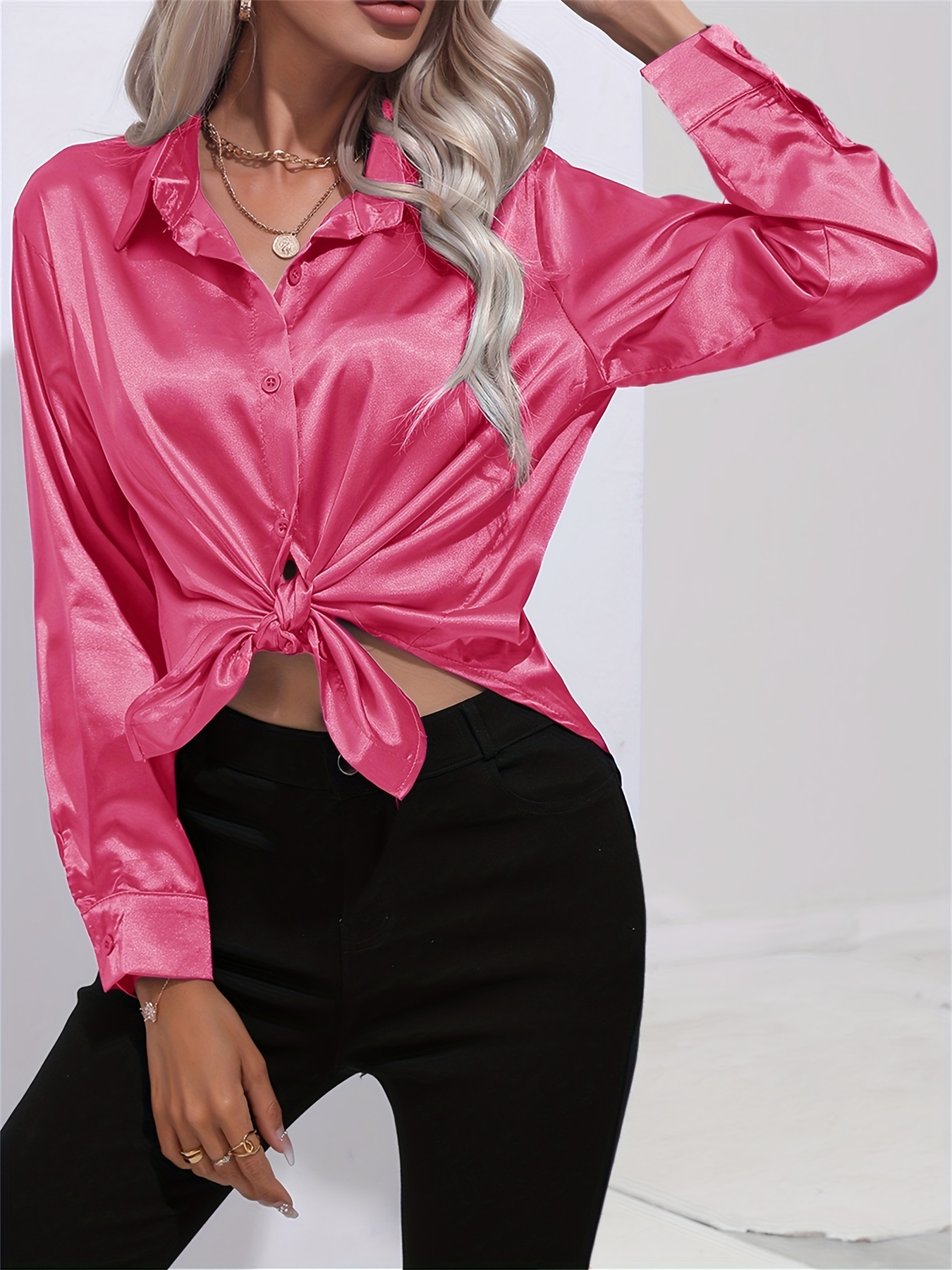 solid smoothly shirt, solid smoothly shirt elegant button front turn down collar long sleeve shirt womens clothing details 96