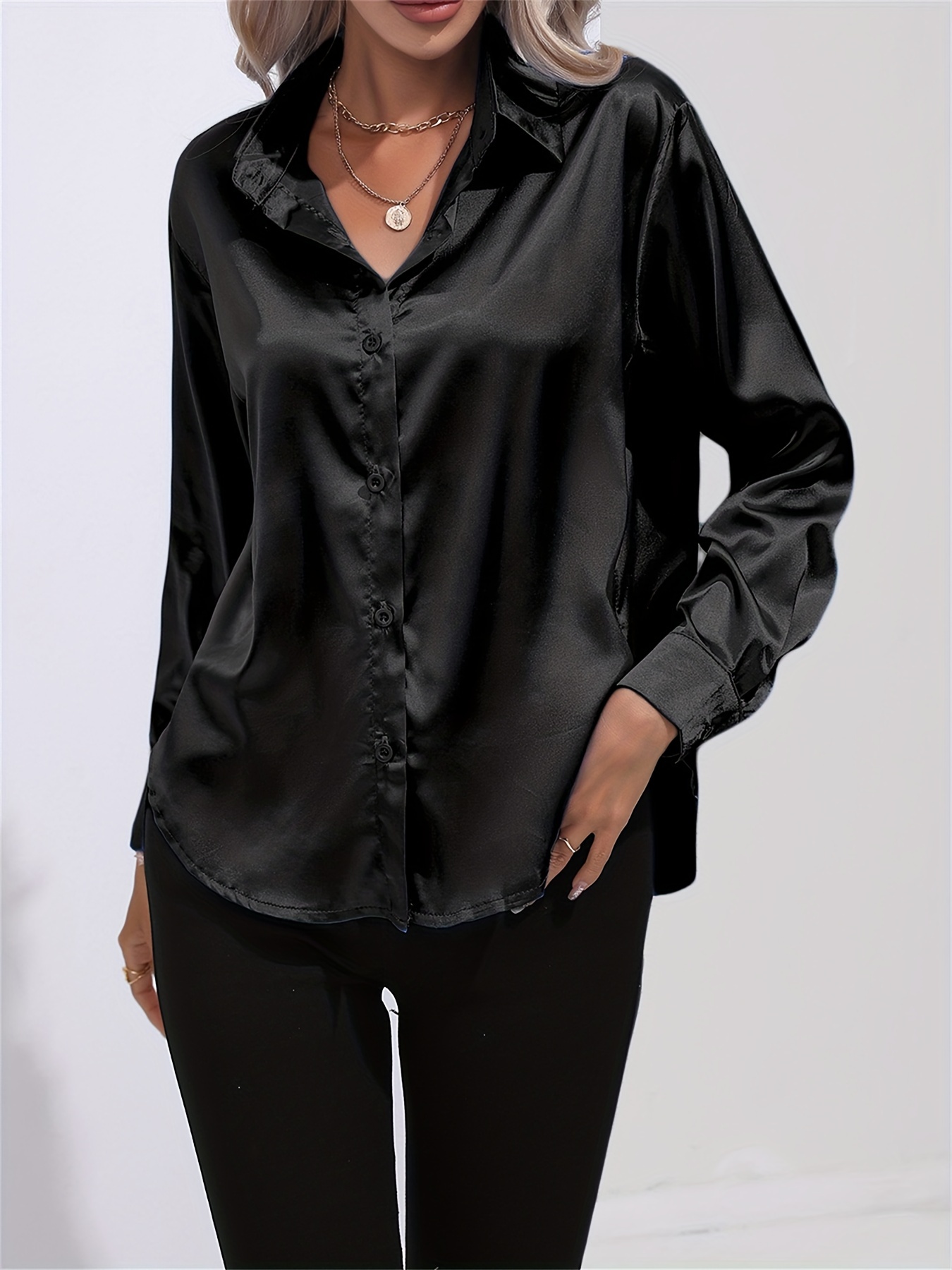 solid smoothly shirt, solid smoothly shirt elegant button front turn down collar long sleeve shirt womens clothing details 100