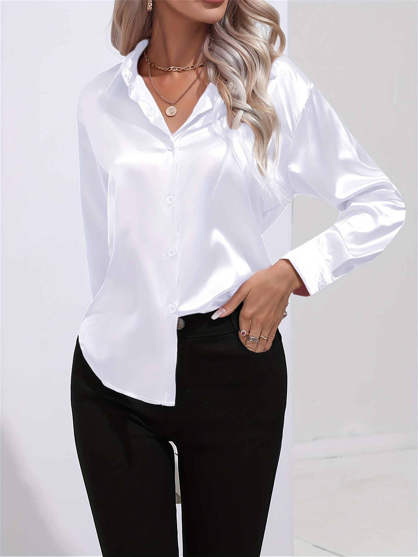 solid smoothly shirt, solid smoothly shirt elegant button front turn down collar long sleeve shirt womens clothing details 103