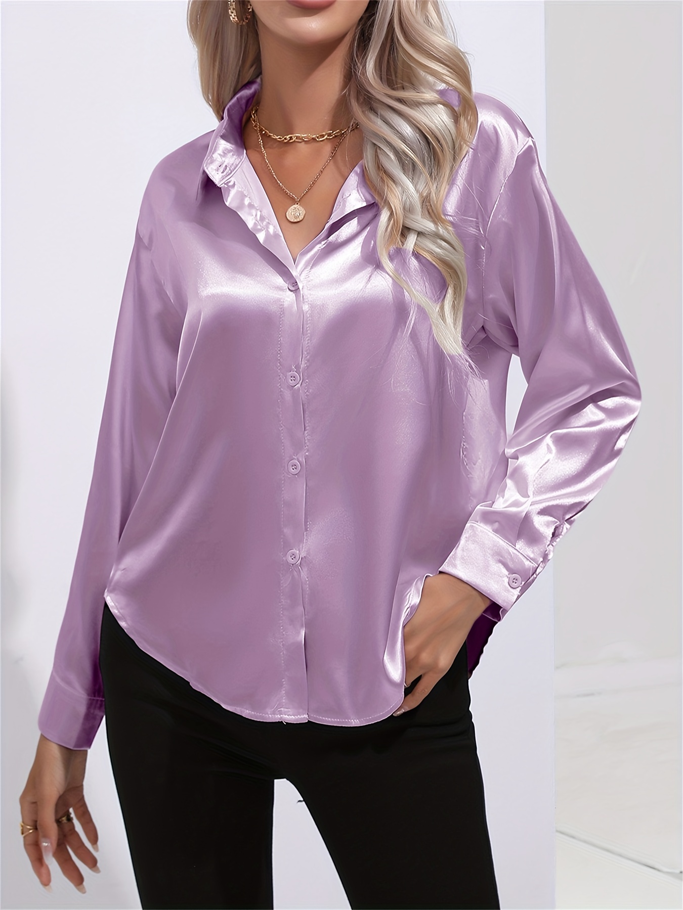 solid smoothly shirt, solid smoothly shirt elegant button front turn down collar long sleeve shirt womens clothing details 110