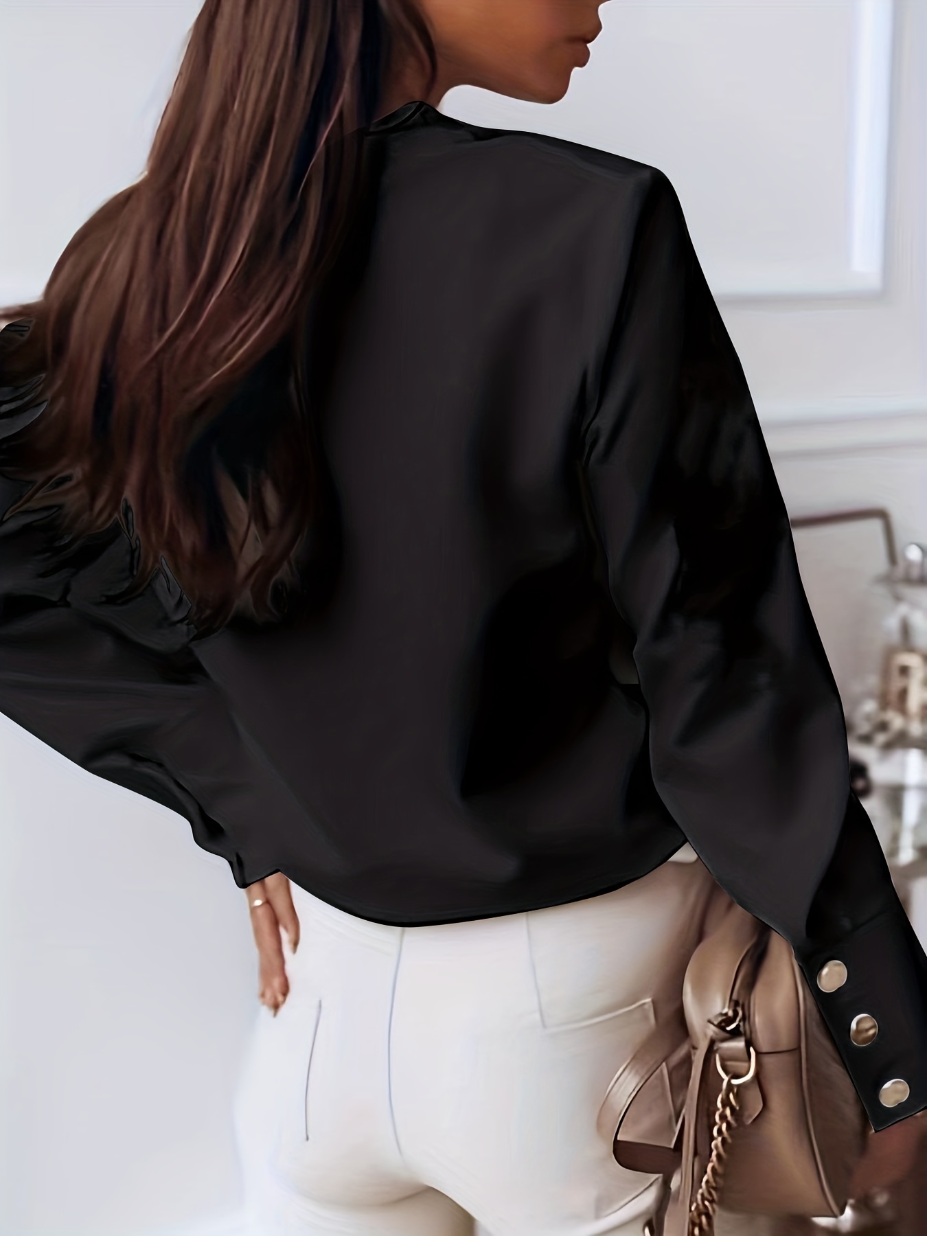 solid button front blouse casual long sleeve versatile blouse womens clothing details 1