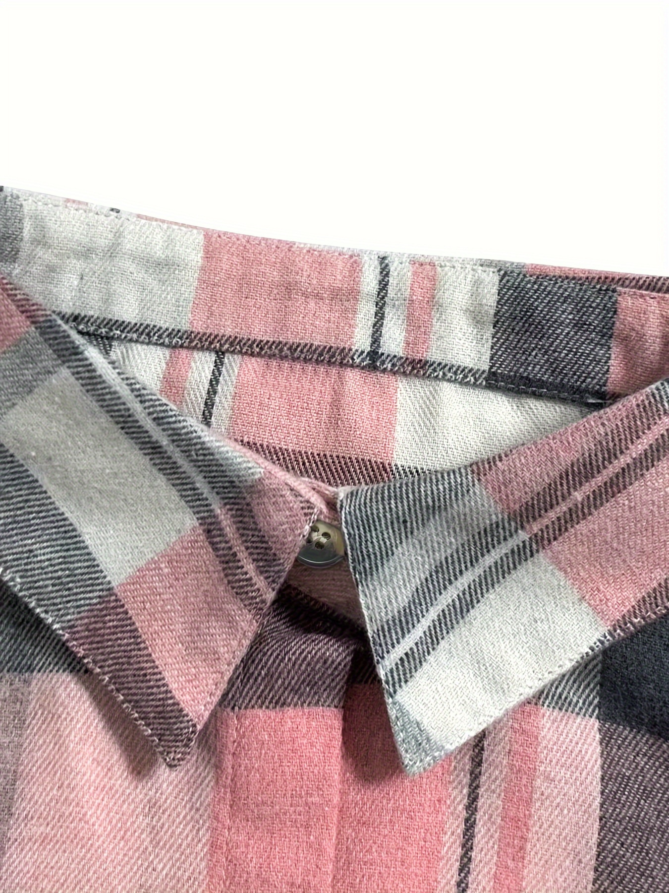 plaid print polo collar button shirt casual pocket long sleeve shirt for spring fall womens clothing details 0