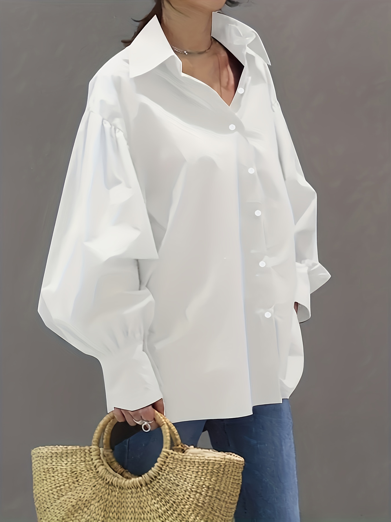 solid button front shirt, solid button front shirt stylish lantern sleeve shirt for spring fall womens clothing details 0