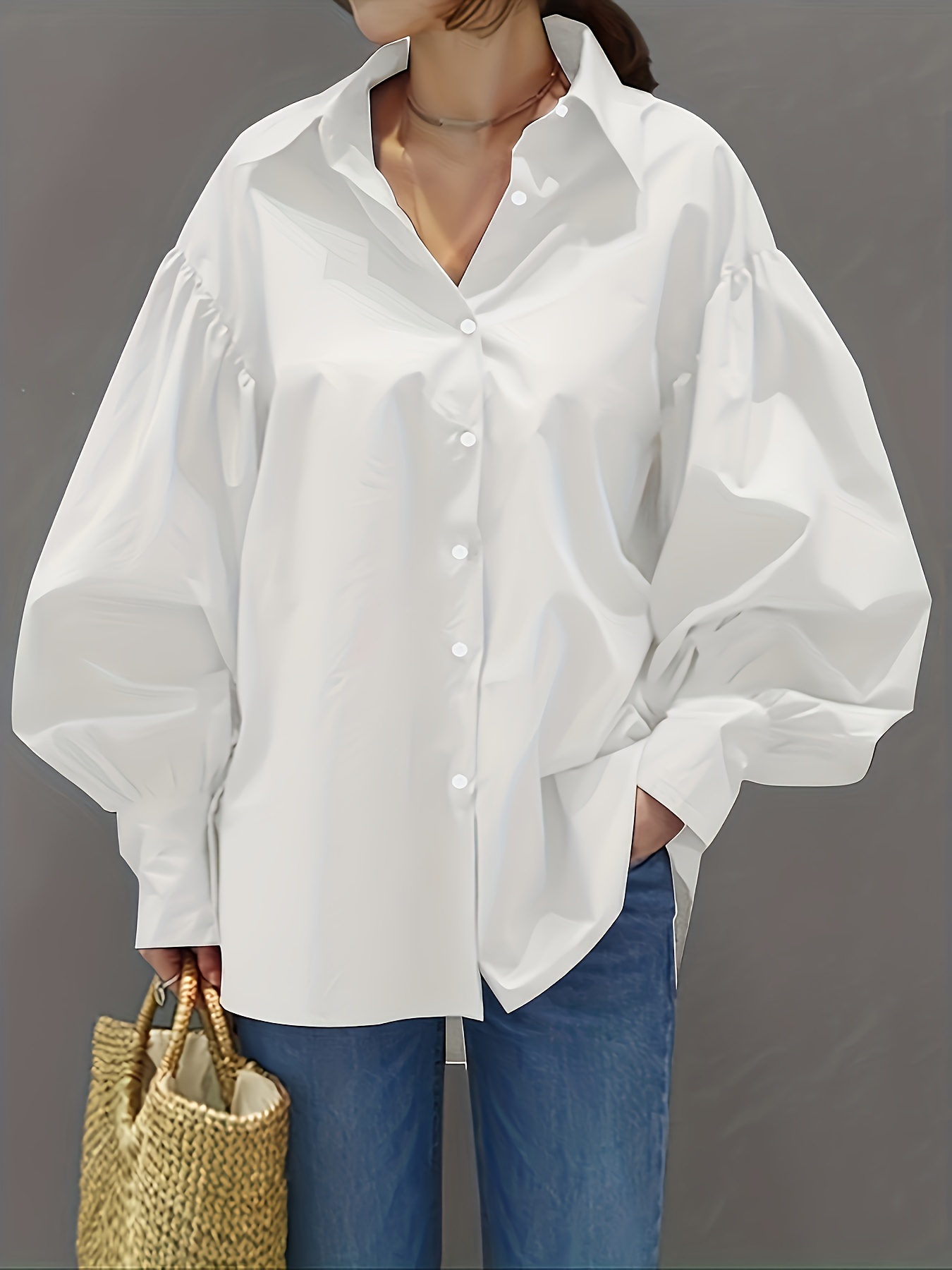solid button front shirt, solid button front shirt stylish lantern sleeve shirt for spring fall womens clothing details 1