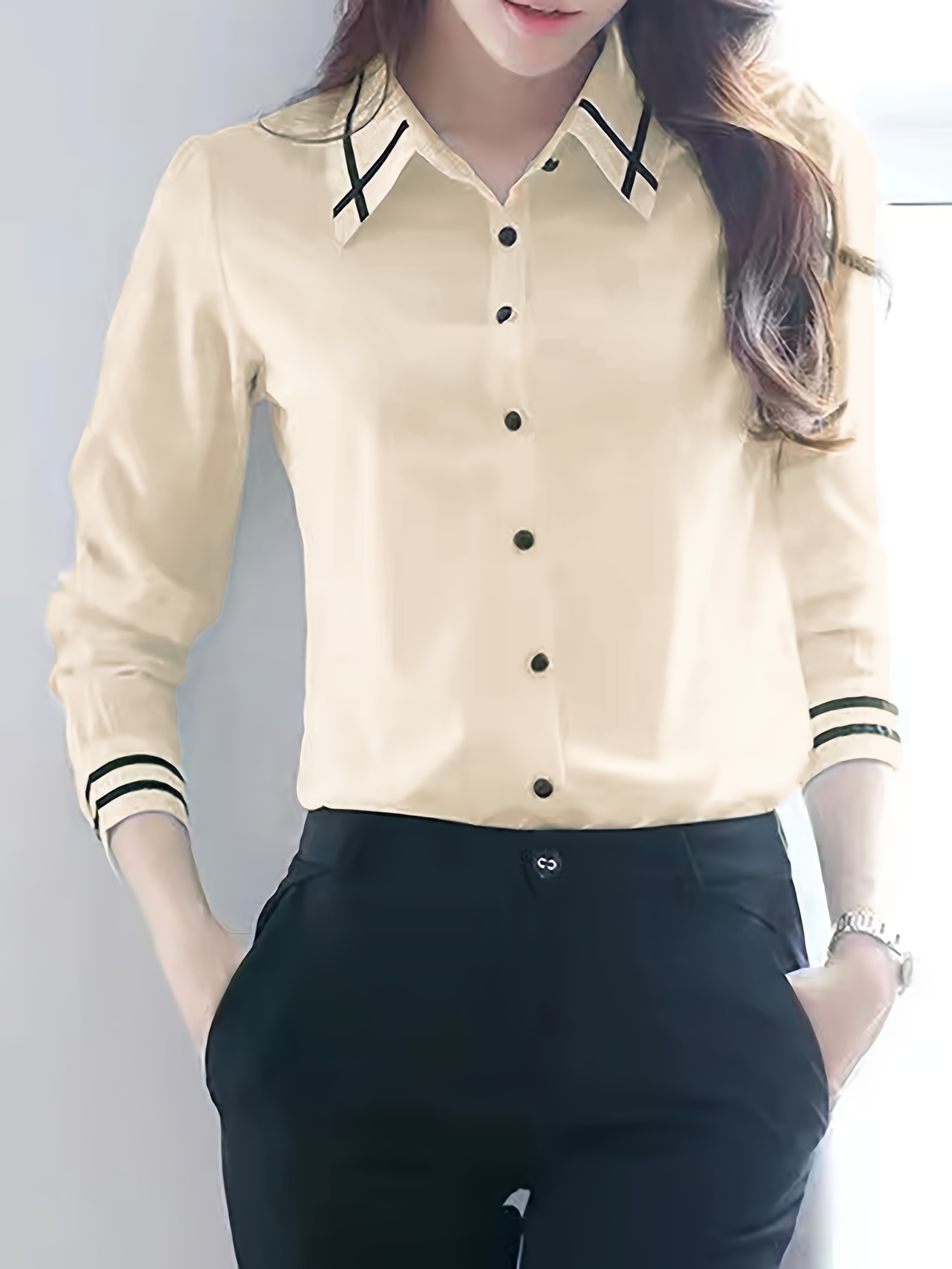 contrast trim button front shirt casual long sleeve shirt for spring fall womens clothing details 0