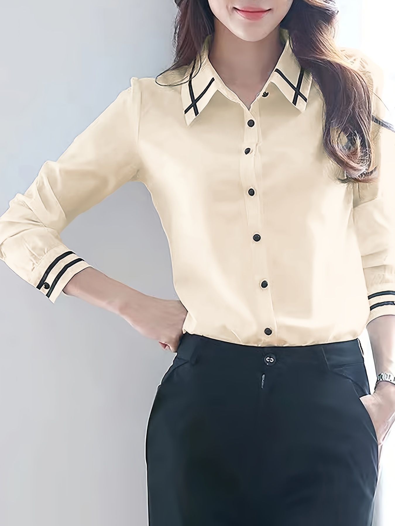 contrast trim button front shirt casual long sleeve shirt for spring fall womens clothing details 4