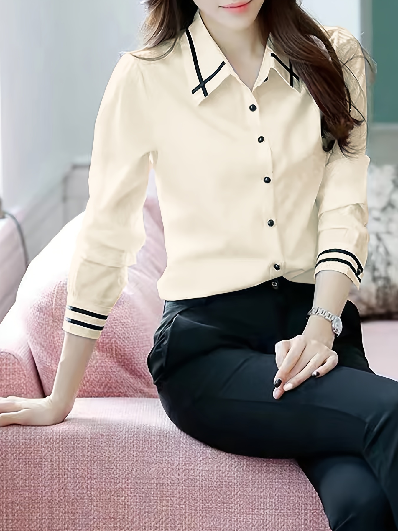 contrast trim button front shirt casual long sleeve shirt for spring fall womens clothing details 5