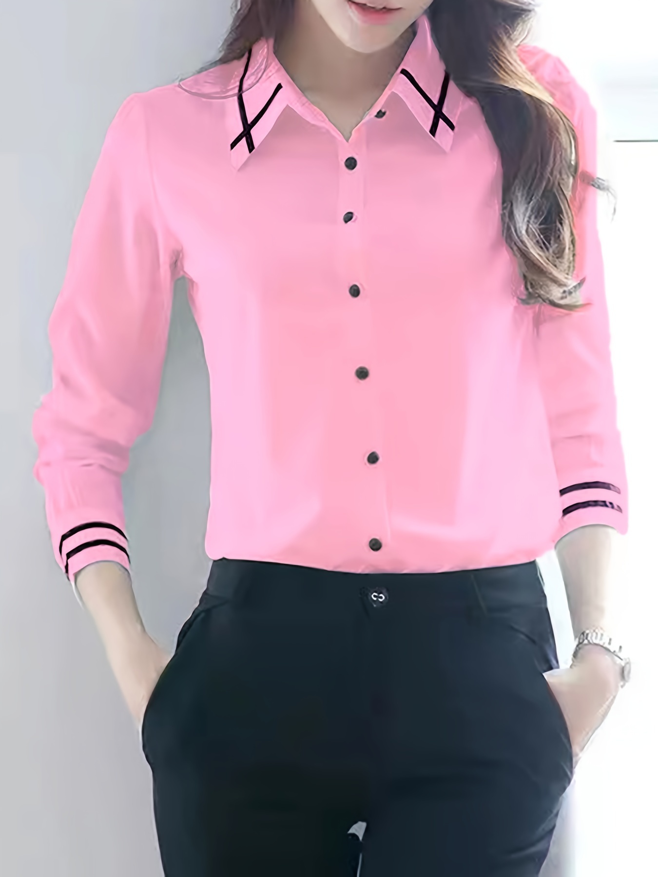 contrast trim button front shirt casual long sleeve shirt for spring fall womens clothing details 6