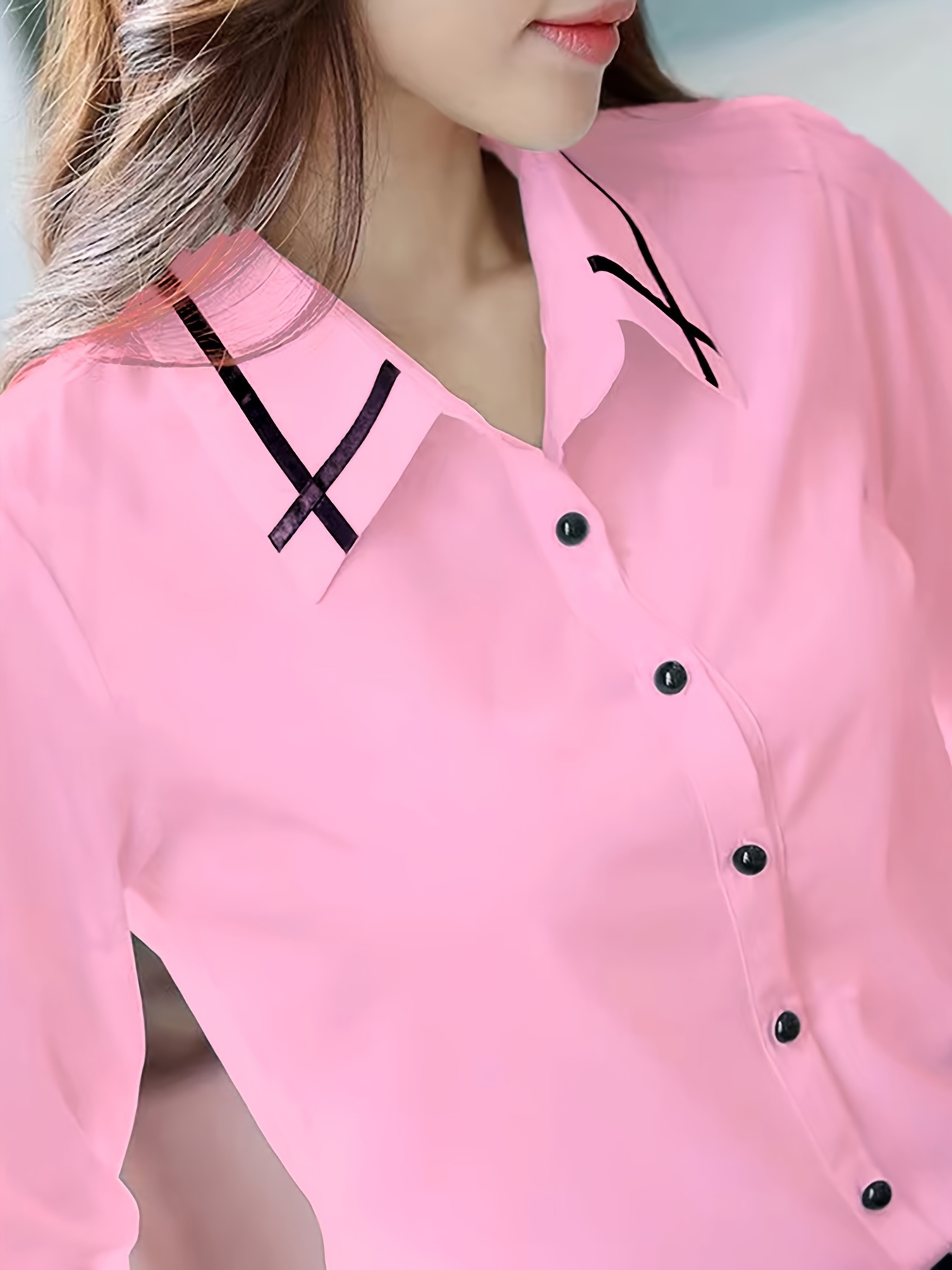 contrast trim button front shirt casual long sleeve shirt for spring fall womens clothing details 8