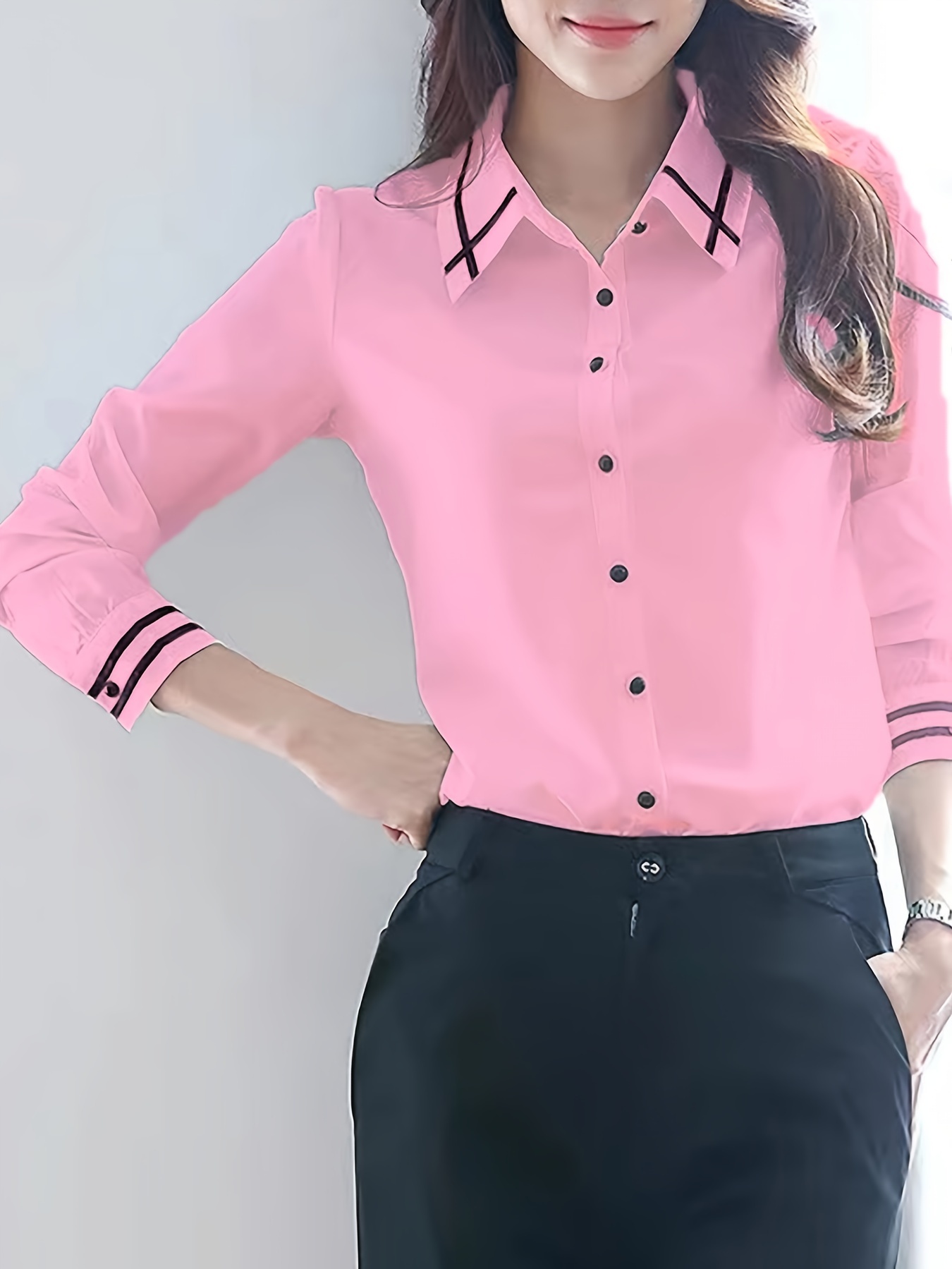 contrast trim button front shirt casual long sleeve shirt for spring fall womens clothing details 12