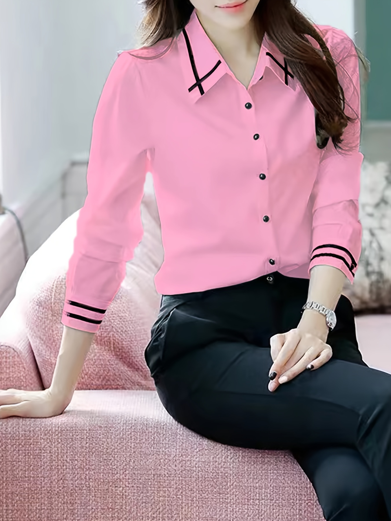 contrast trim button front shirt casual long sleeve shirt for spring fall womens clothing details 13