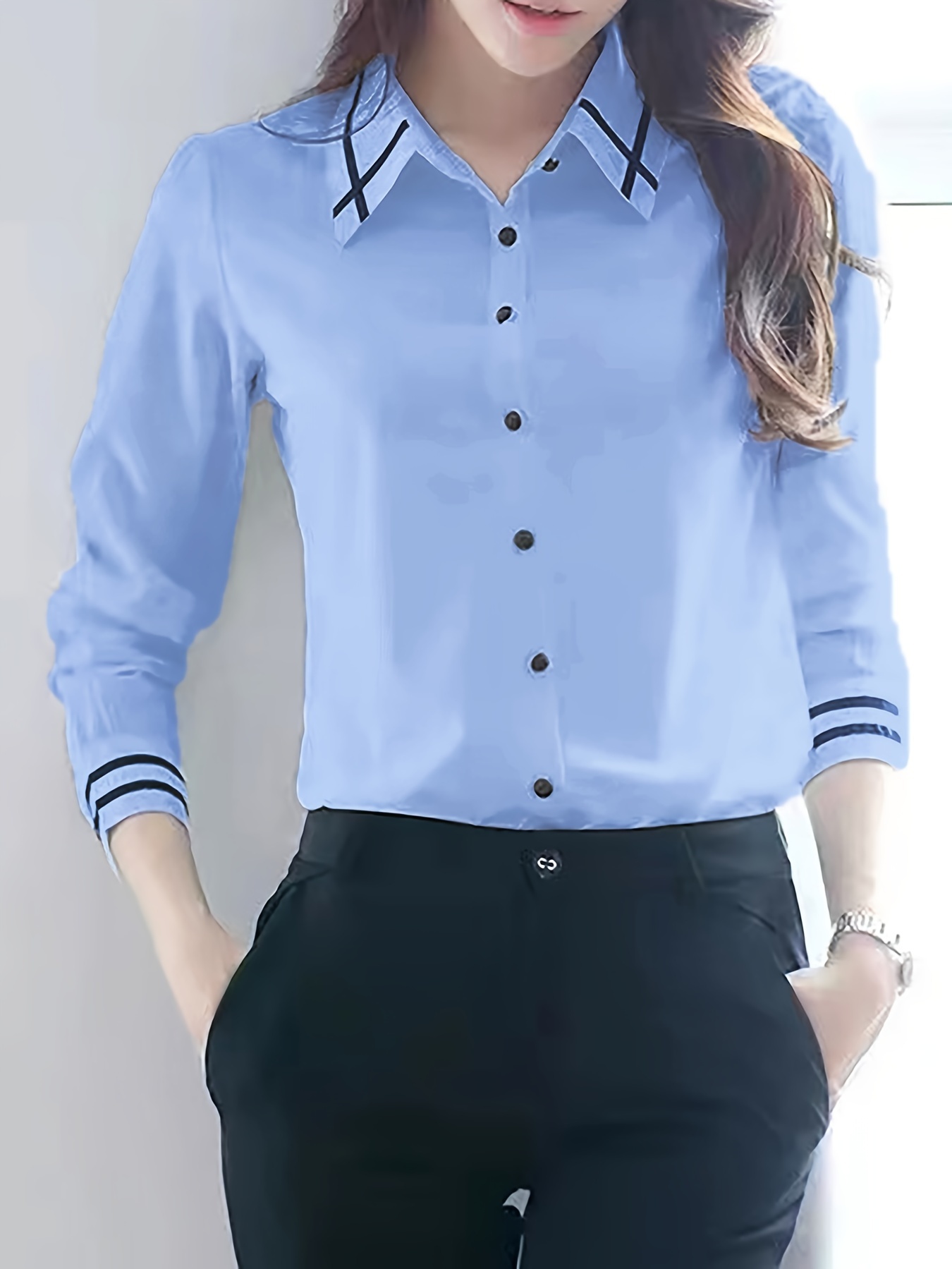contrast trim button front shirt casual long sleeve shirt for spring fall womens clothing details 14