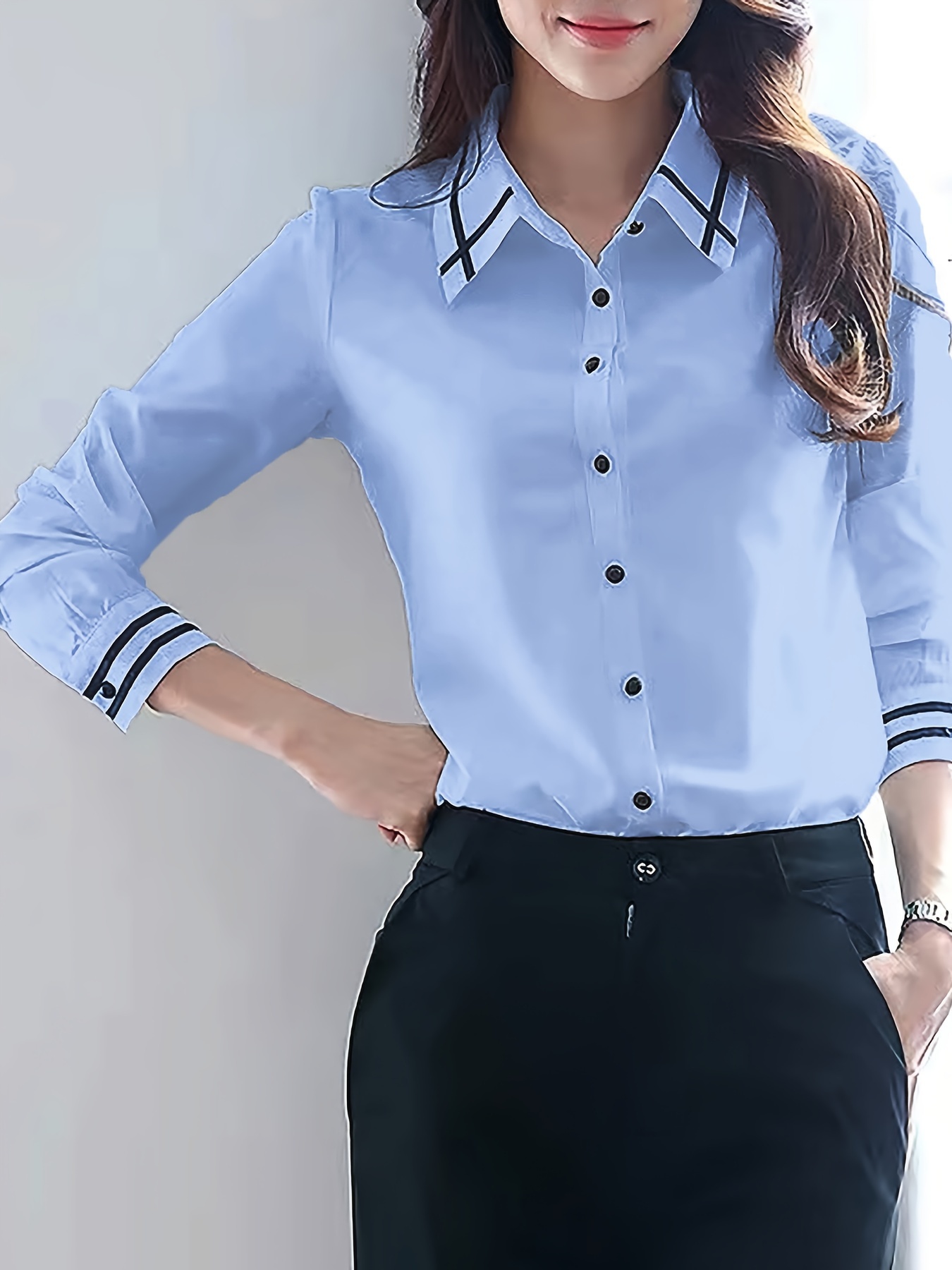 contrast trim button front shirt casual long sleeve shirt for spring fall womens clothing details 20