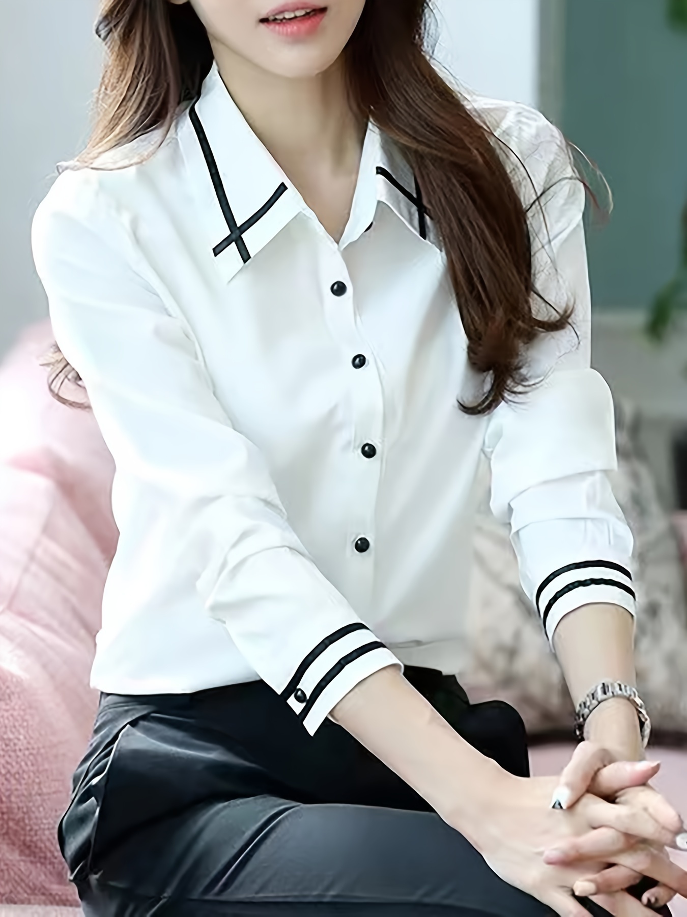 contrast trim button front shirt casual long sleeve shirt for spring fall womens clothing details 23