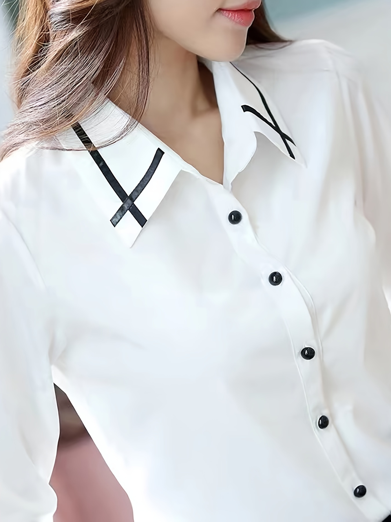 contrast trim button front shirt casual long sleeve shirt for spring fall womens clothing details 24