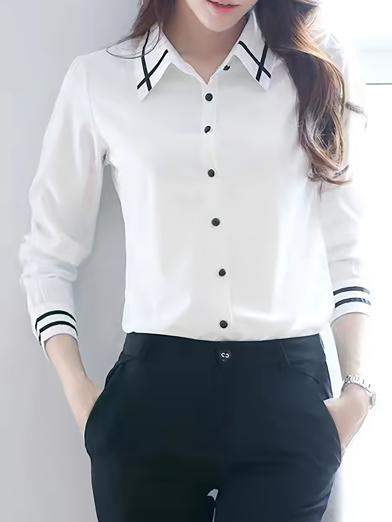 contrast trim button front shirt casual long sleeve shirt for spring fall womens clothing details 27