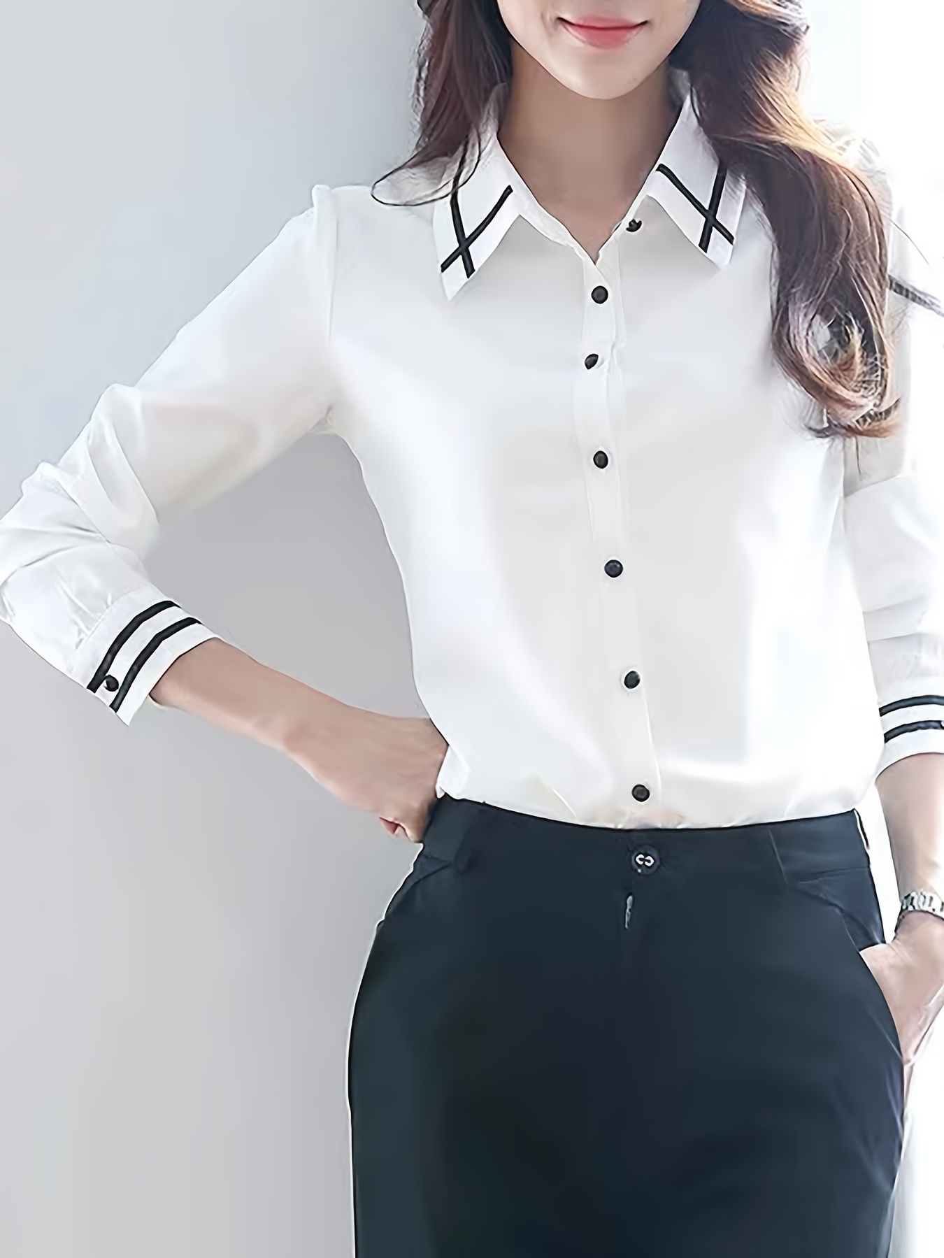 contrast trim button front shirt casual long sleeve shirt for spring fall womens clothing details 28