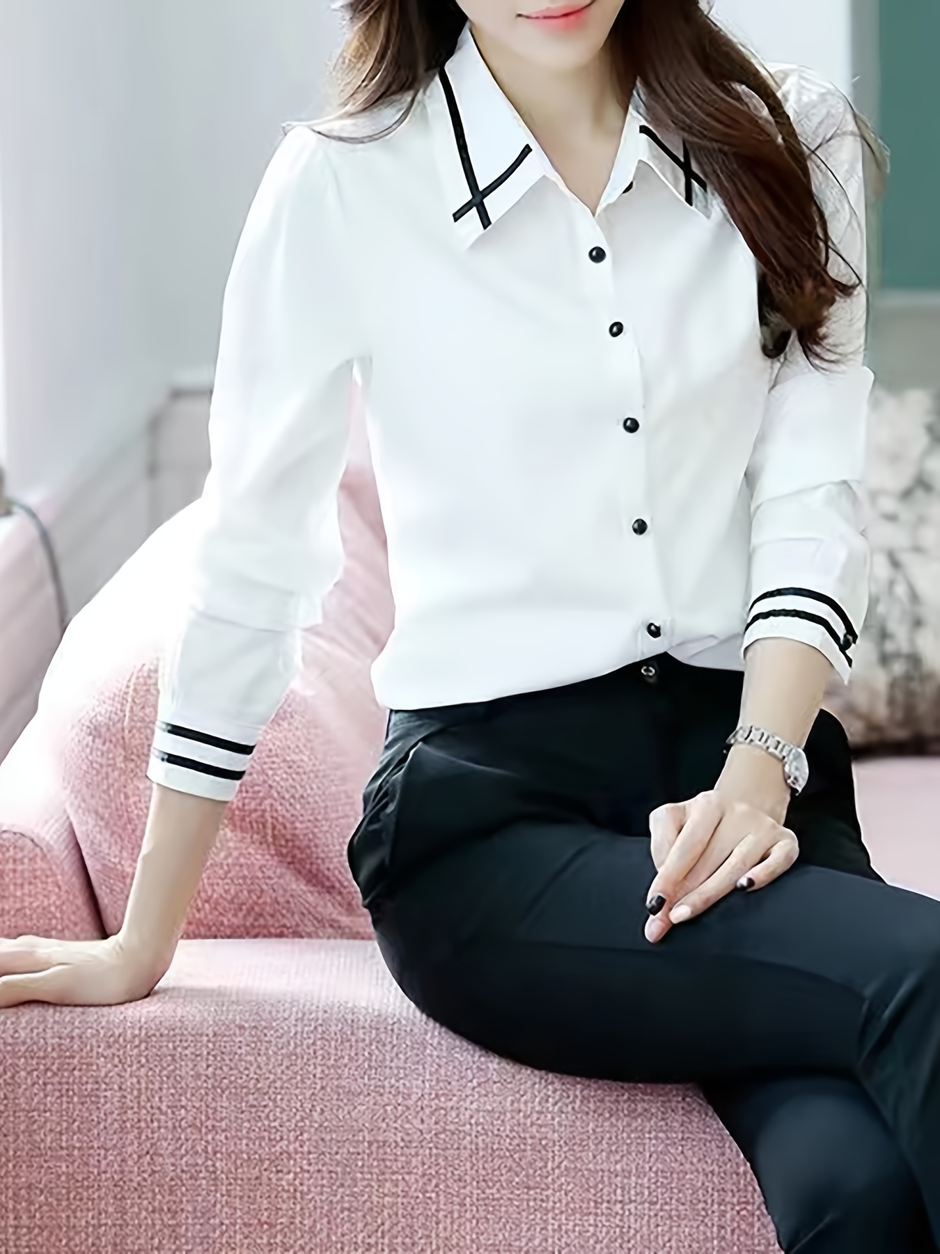 contrast trim button front shirt casual long sleeve shirt for spring fall womens clothing details 29