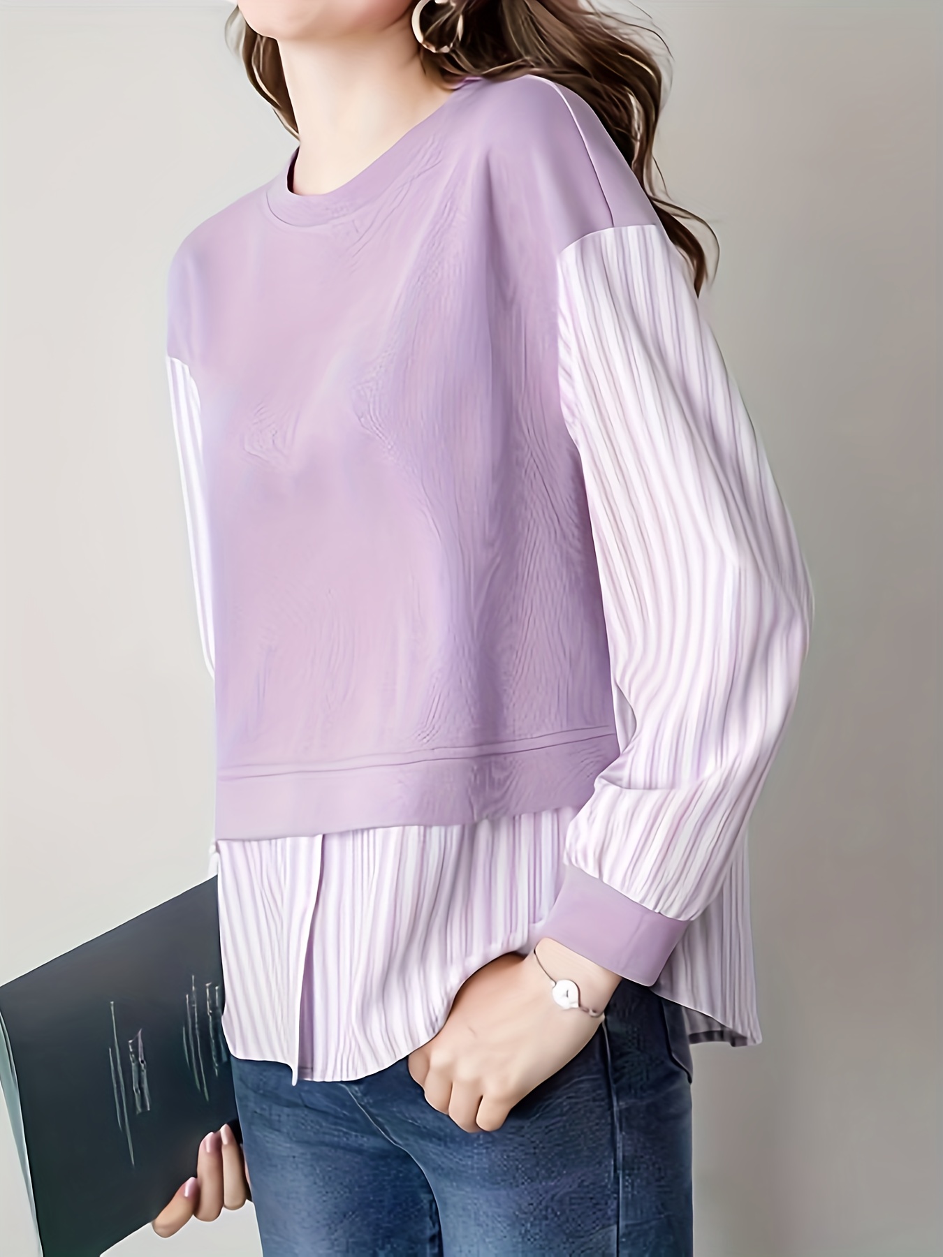 contrast striped crew neck blouse elegant long sleeve split side blouse for spring fall womens clothing details 0