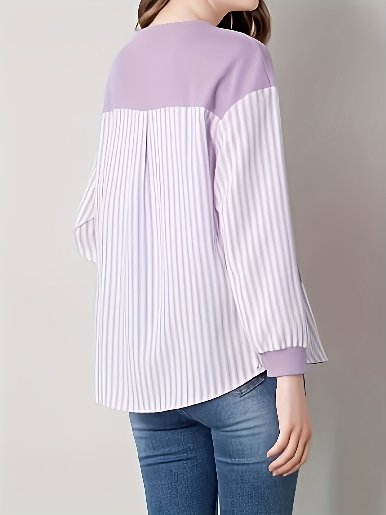 contrast striped crew neck blouse elegant long sleeve split side blouse for spring fall womens clothing details 1