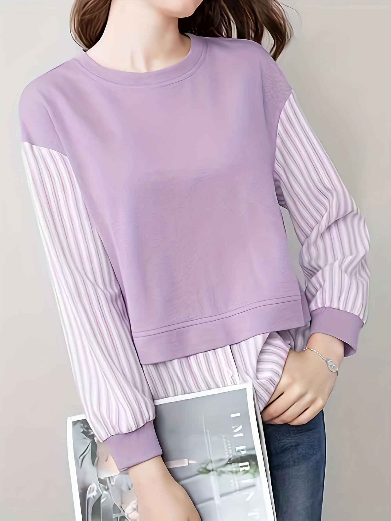 contrast striped crew neck blouse elegant long sleeve split side blouse for spring fall womens clothing details 2