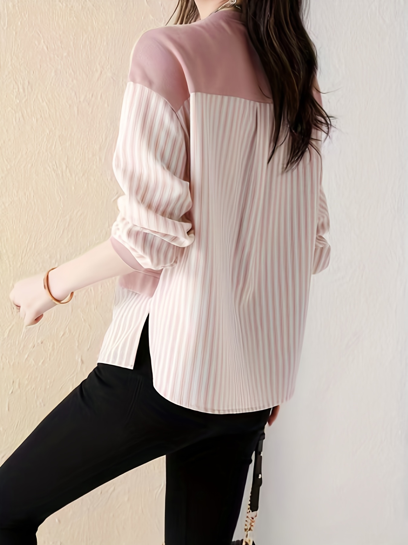 contrast striped crew neck blouse elegant long sleeve split side blouse for spring fall womens clothing details 3