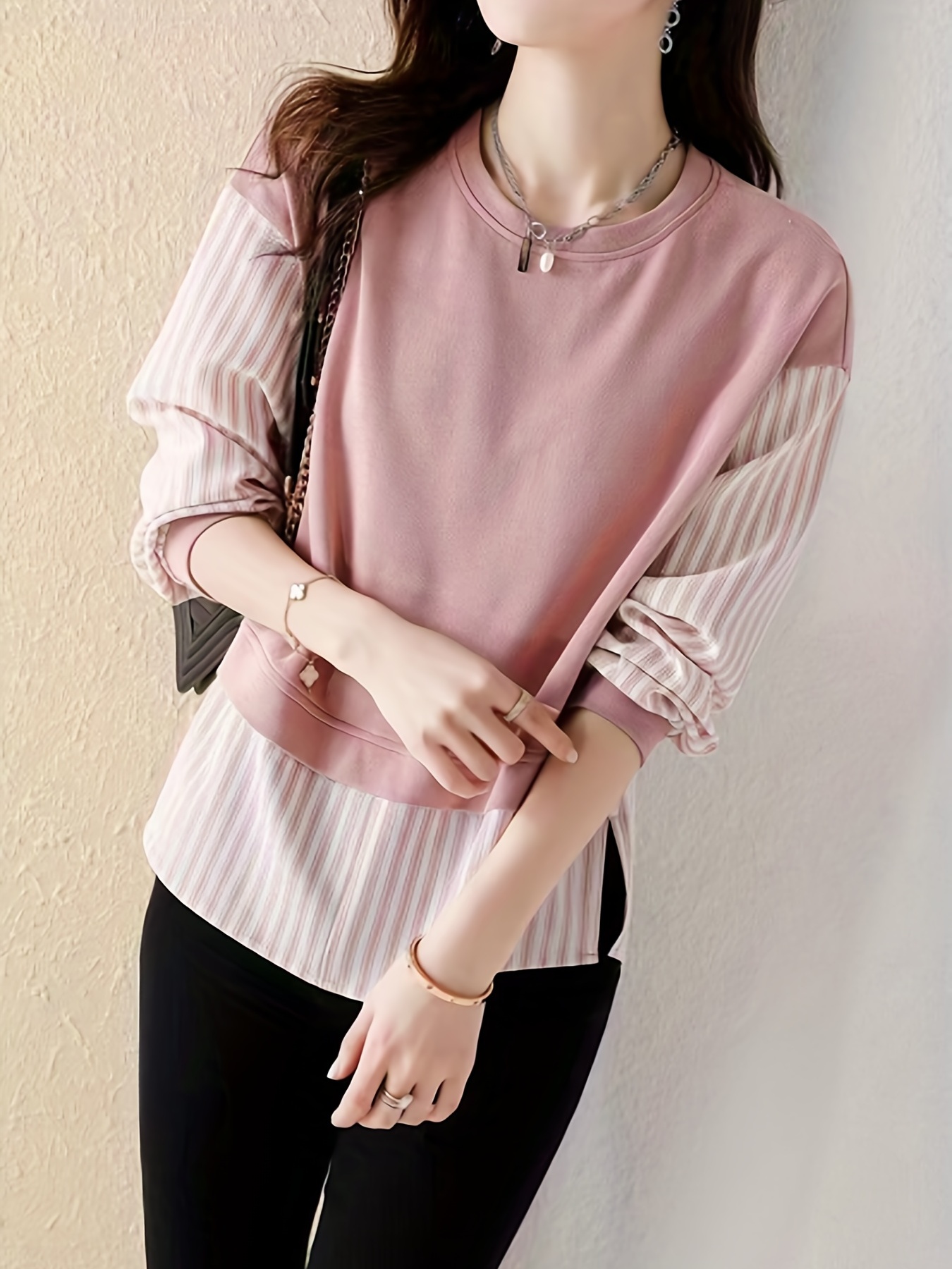 contrast striped crew neck blouse elegant long sleeve split side blouse for spring fall womens clothing details 5