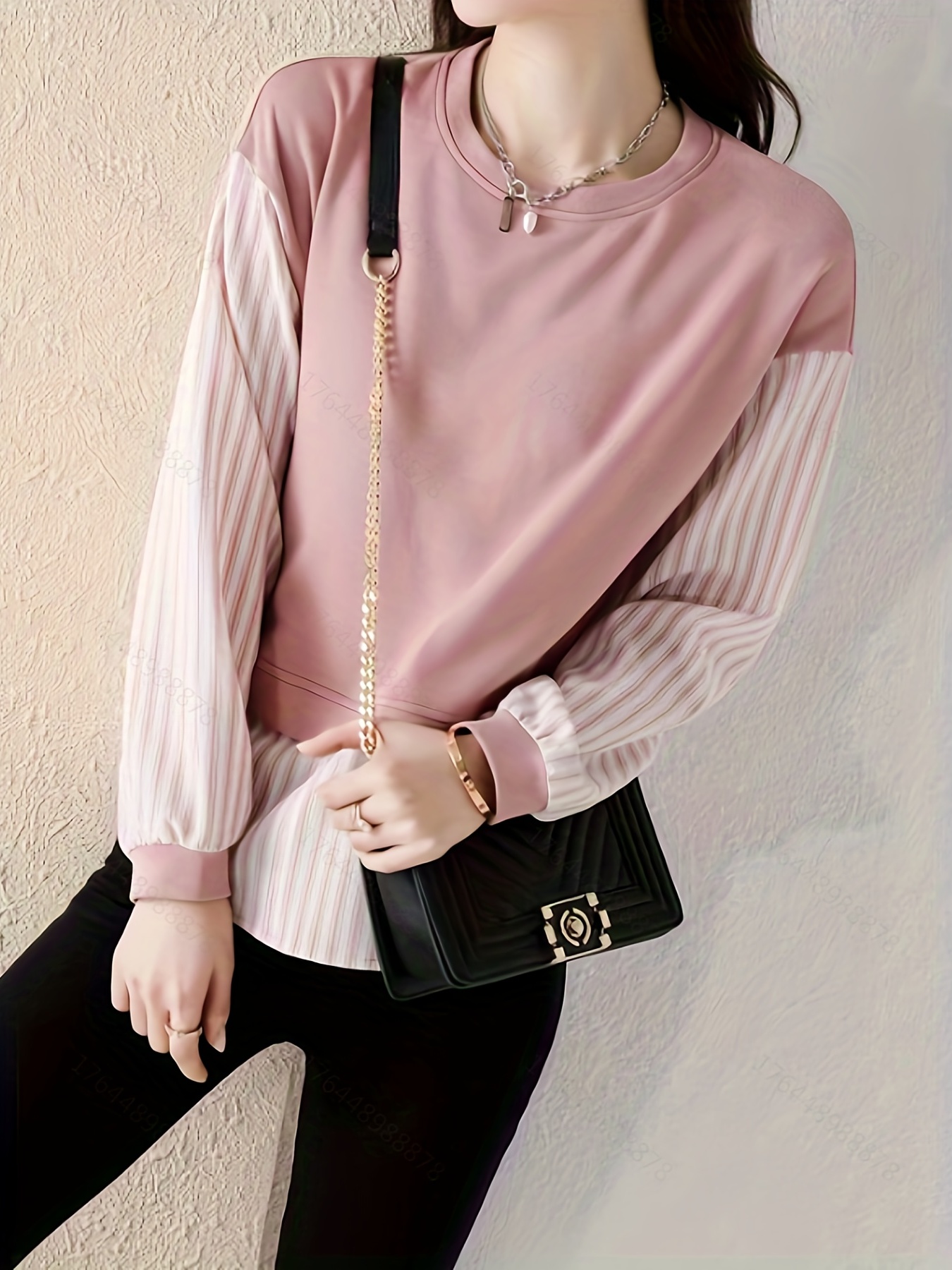 contrast striped crew neck blouse elegant long sleeve split side blouse for spring fall womens clothing details 7