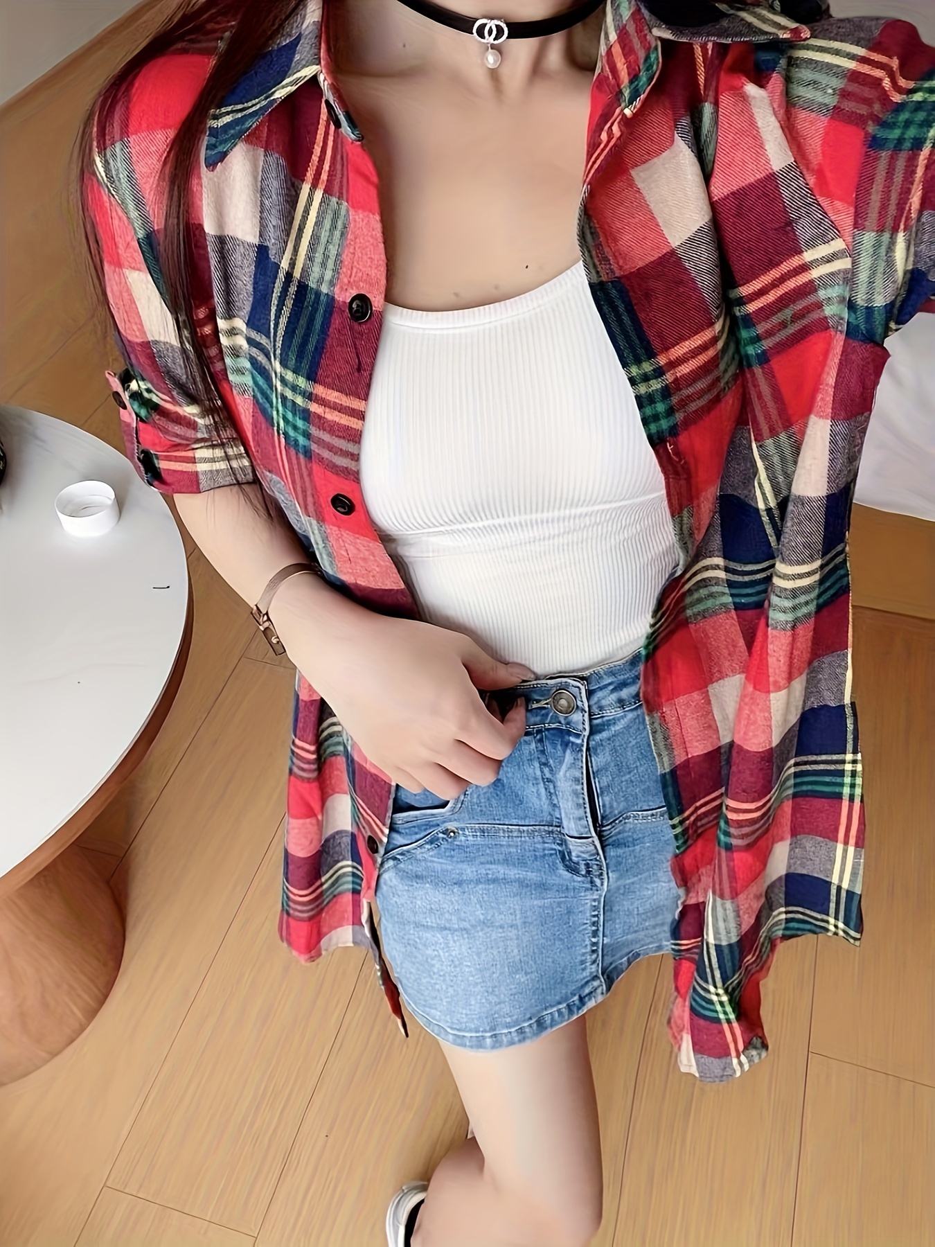 plaid print button front shirt thigh length long sleeve shirt for spring fall womens clothing details 2