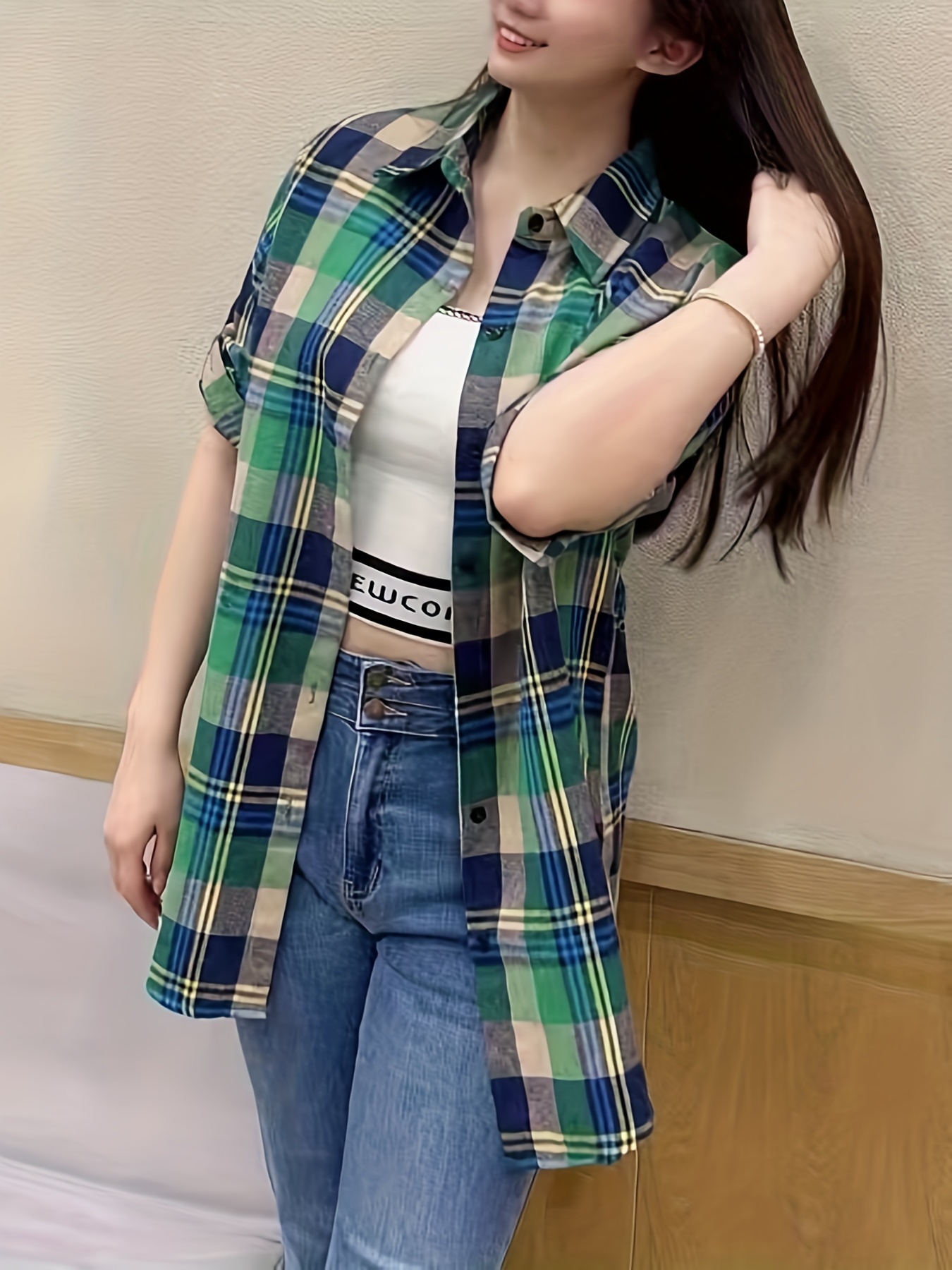 plaid print button front shirt thigh length long sleeve shirt for spring fall womens clothing details 5