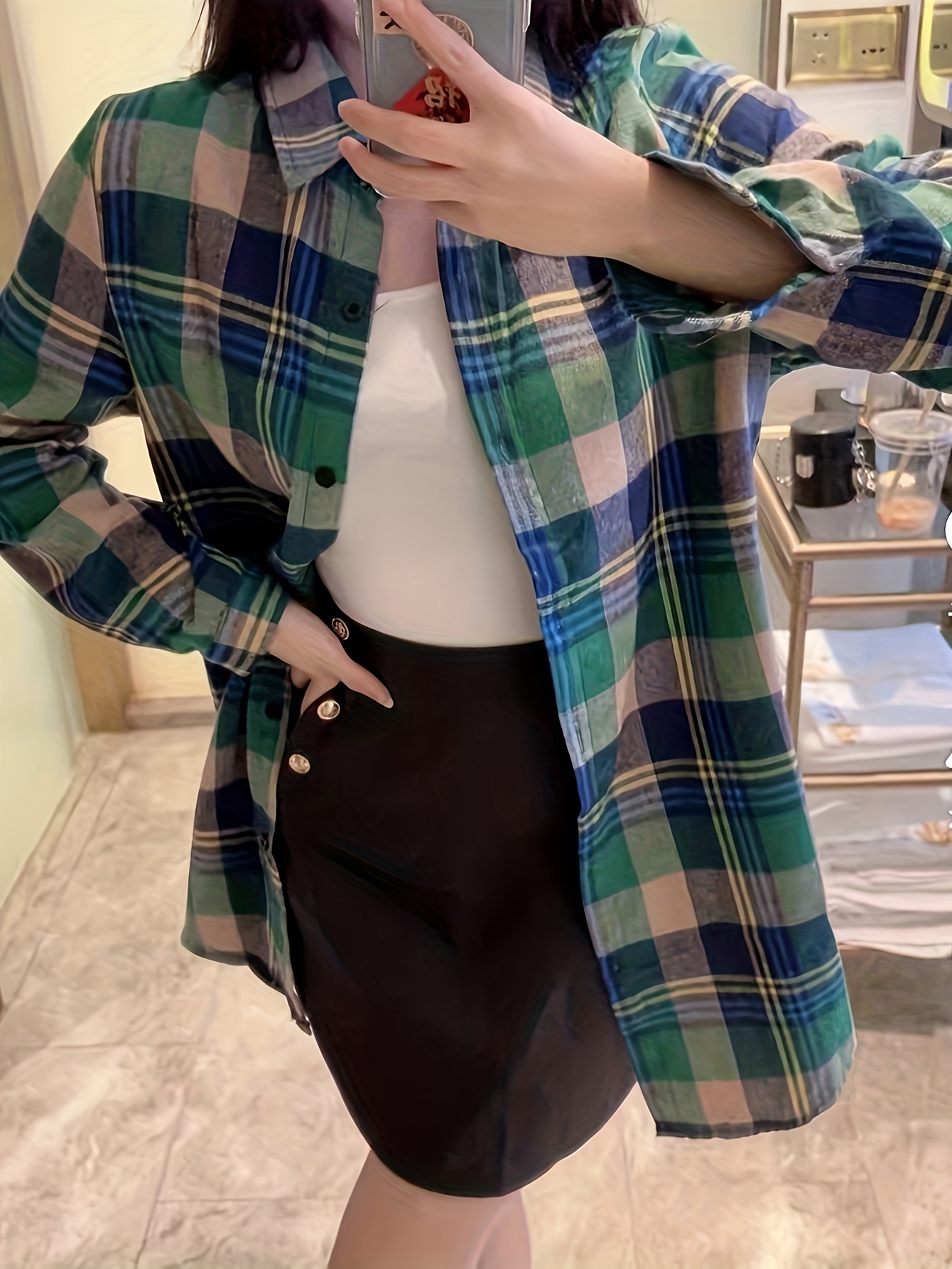 plaid print button front shirt thigh length long sleeve shirt for spring fall womens clothing details 6