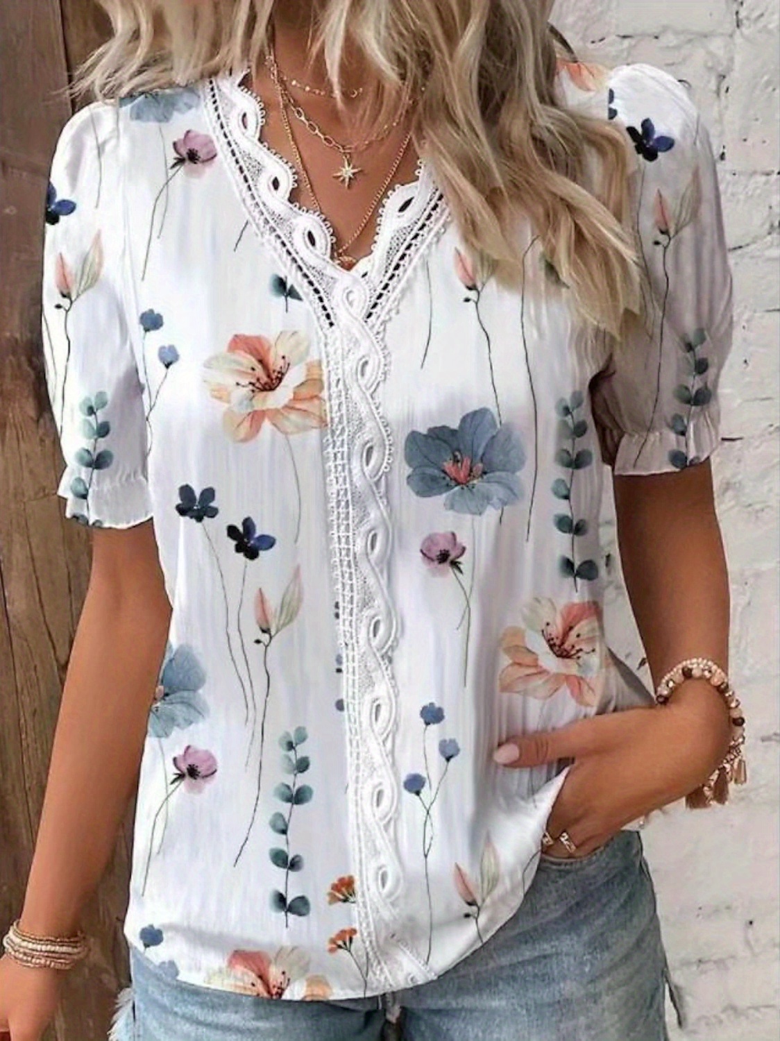 floral print v neck lace trim blouse boho puff sleeve blouse for summer womens clothing details 0