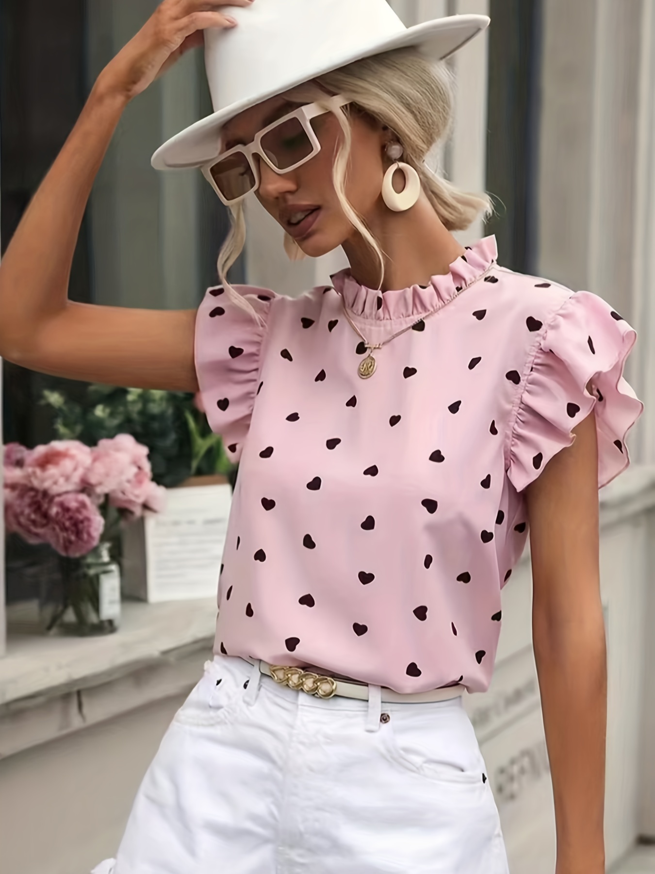 heart print ruffle trim blouse casual pleated crew neck blouse for spring summer womens clothing details 2