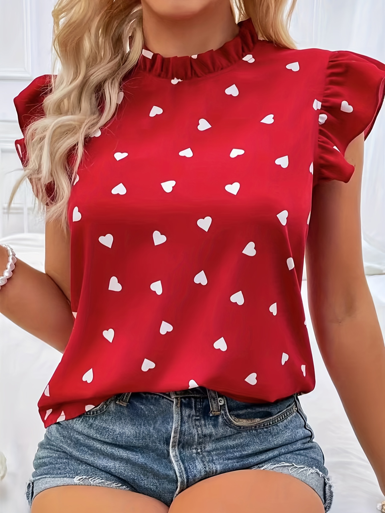 heart print ruffle trim blouse casual pleated crew neck blouse for spring summer womens clothing details 7