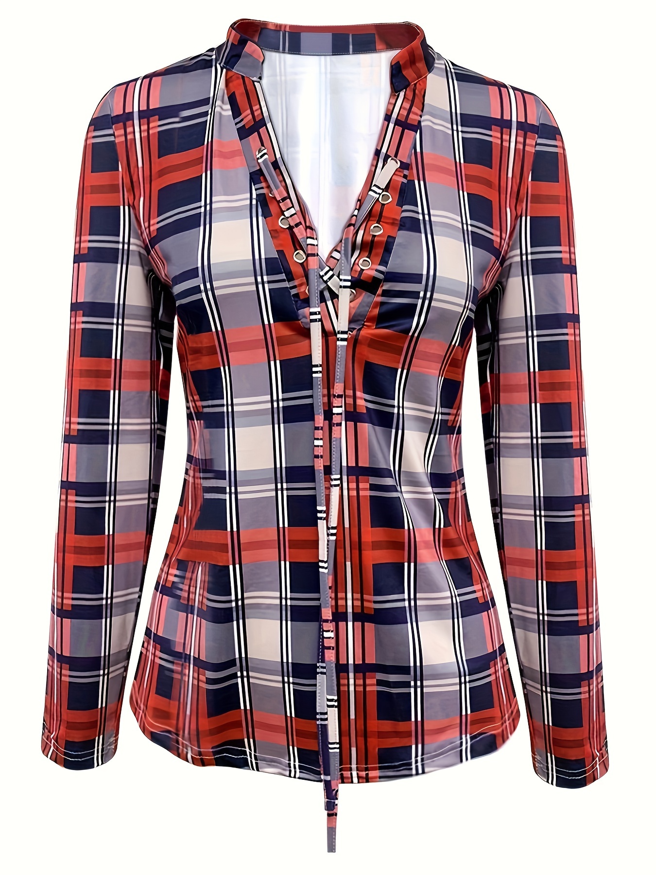 plaid print tie front blouse casual long sleeve blouse for spring fall womens clothing details 2