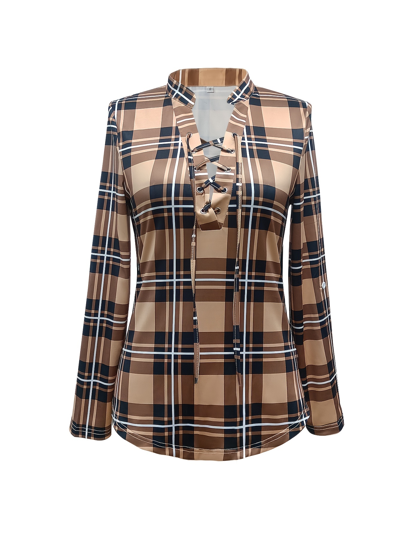 plaid print tie front blouse casual long sleeve blouse for spring fall womens clothing details 8